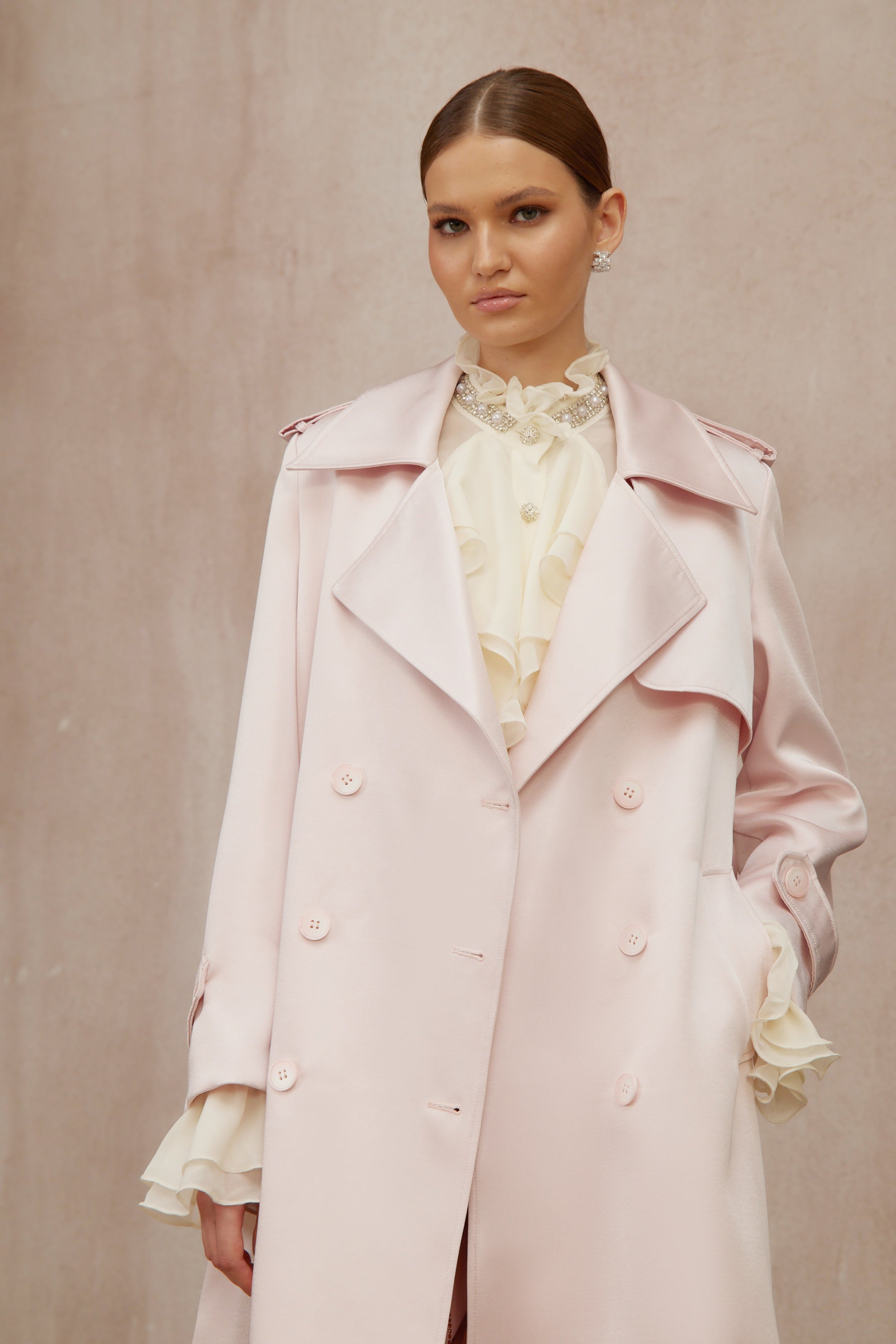 Caméo Pink Double-Breasted Satin Trench Overcoat (Final Sale)