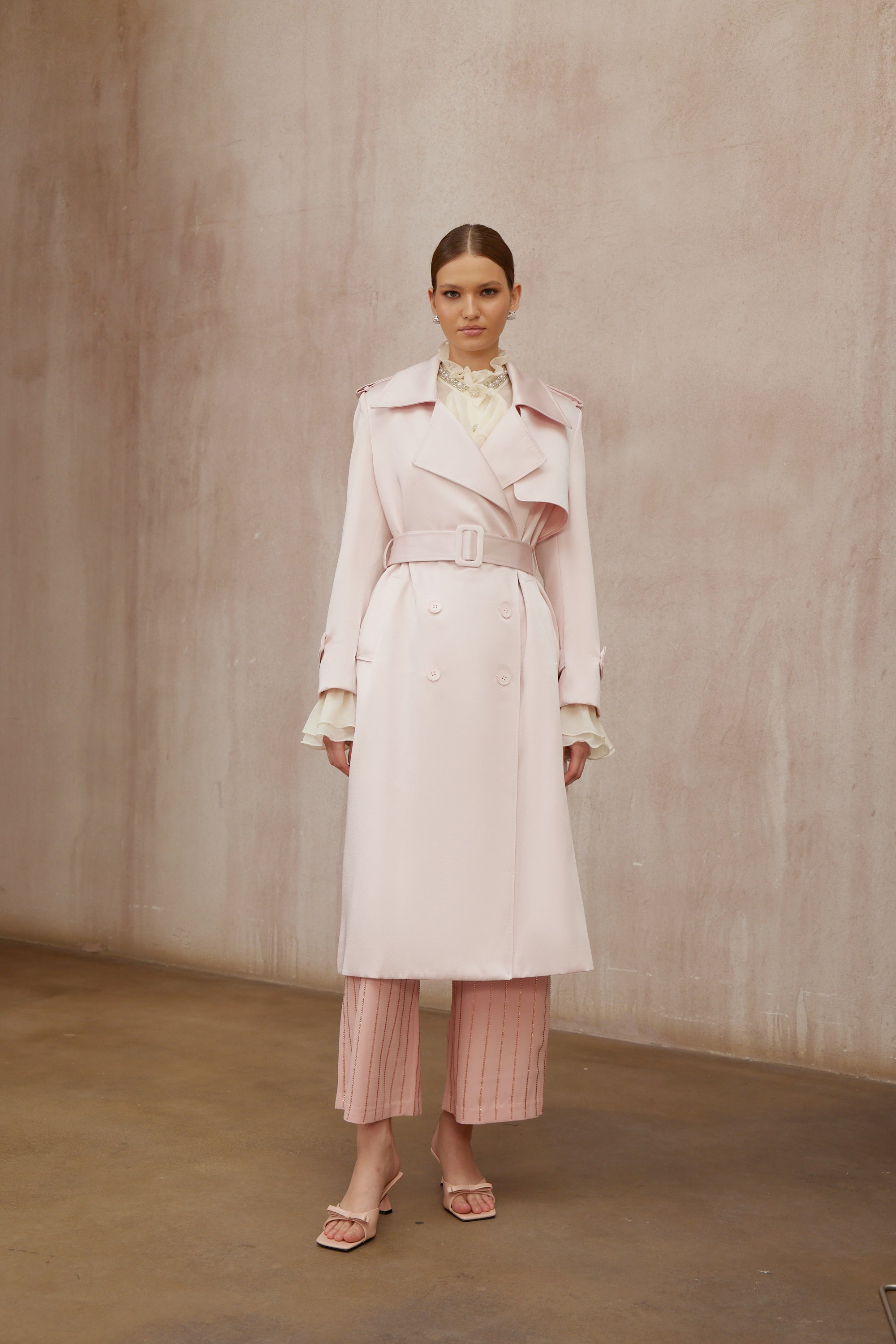 Caméo Pink Double-Breasted Satin Trench Overcoat (Final Sale)
