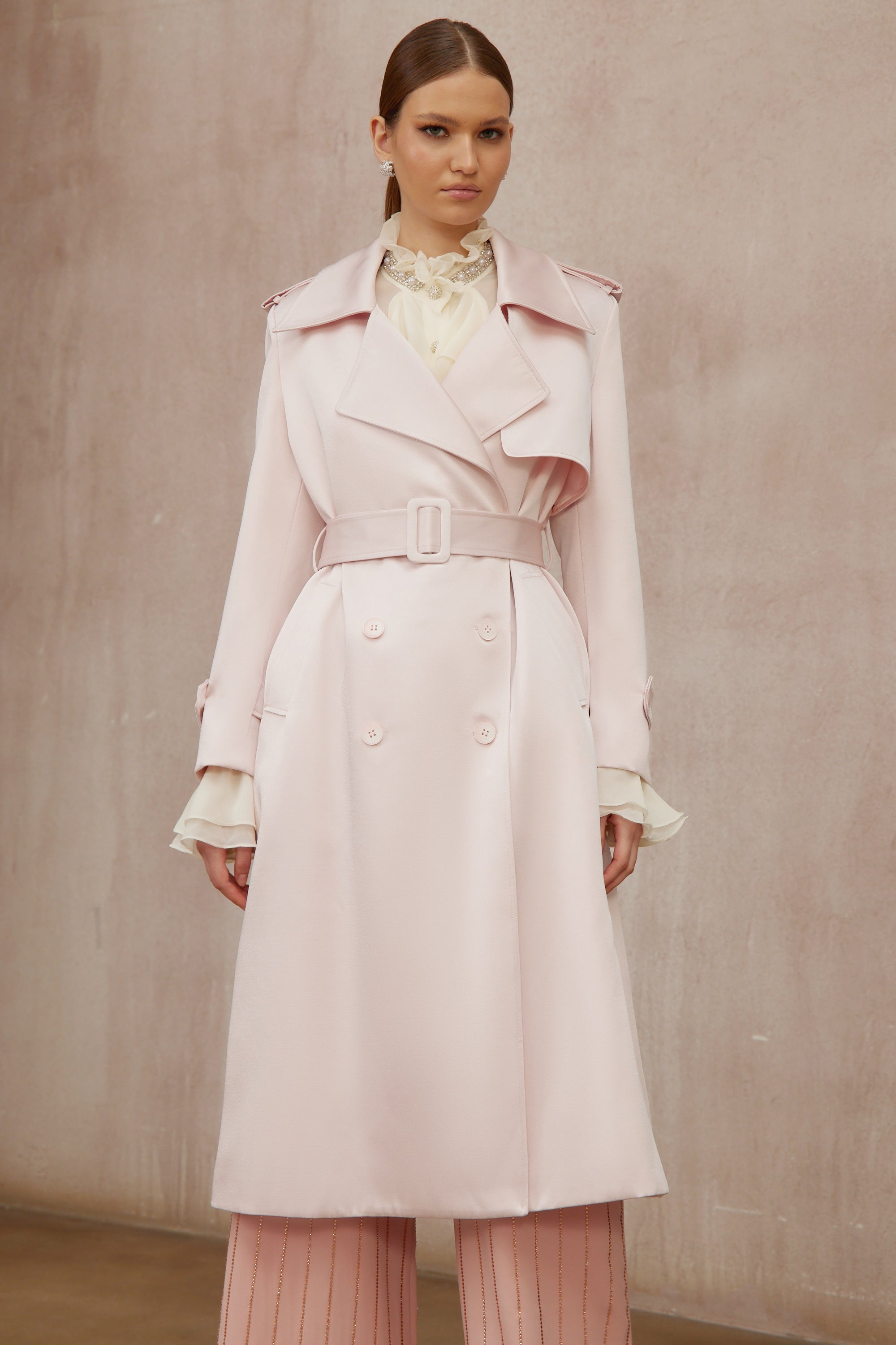 Caméo Pink Double-Breasted Satin Trench Overcoat (Final Sale)