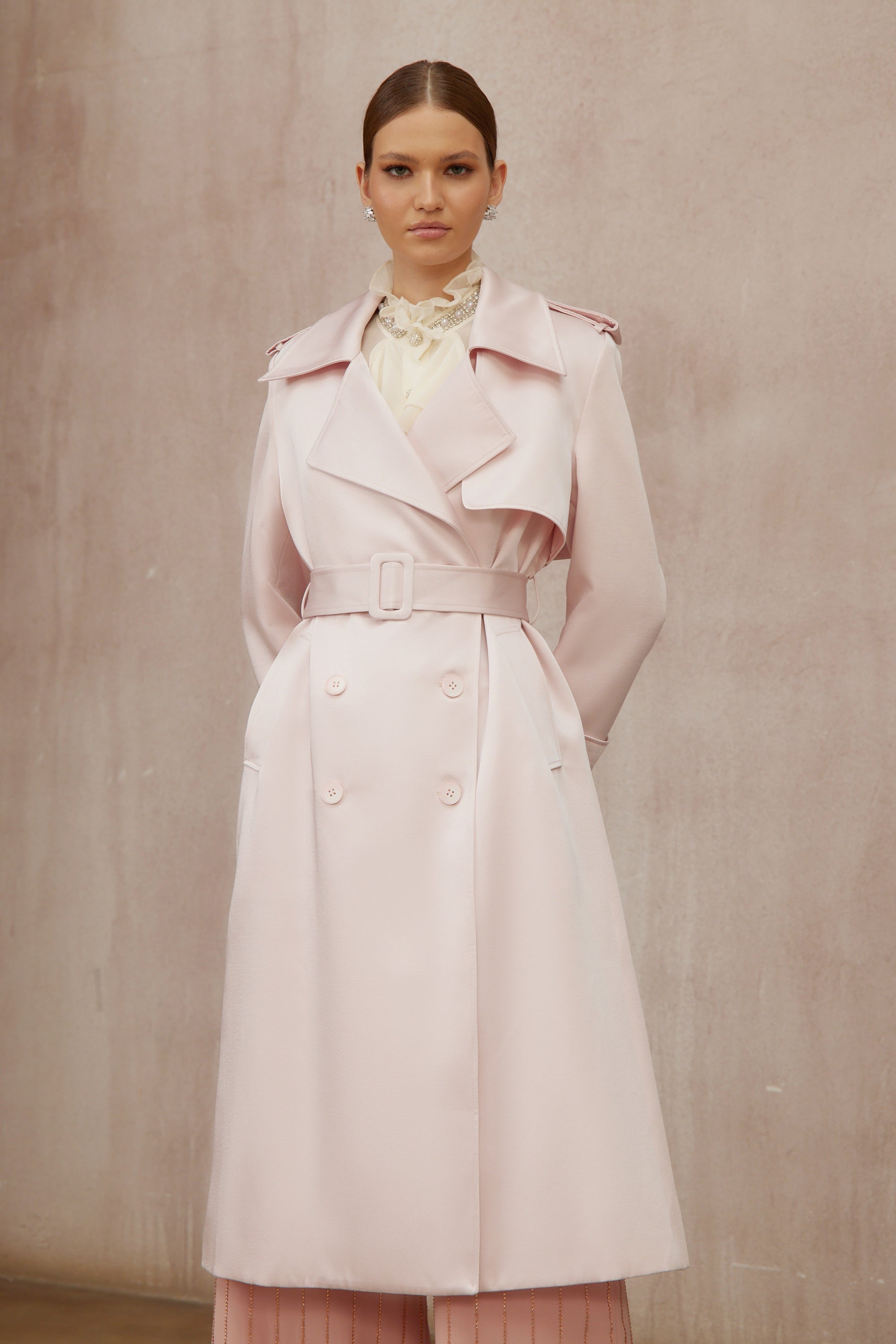 Caméo Pink Double-Breasted Satin Trench Overcoat (Final Sale)