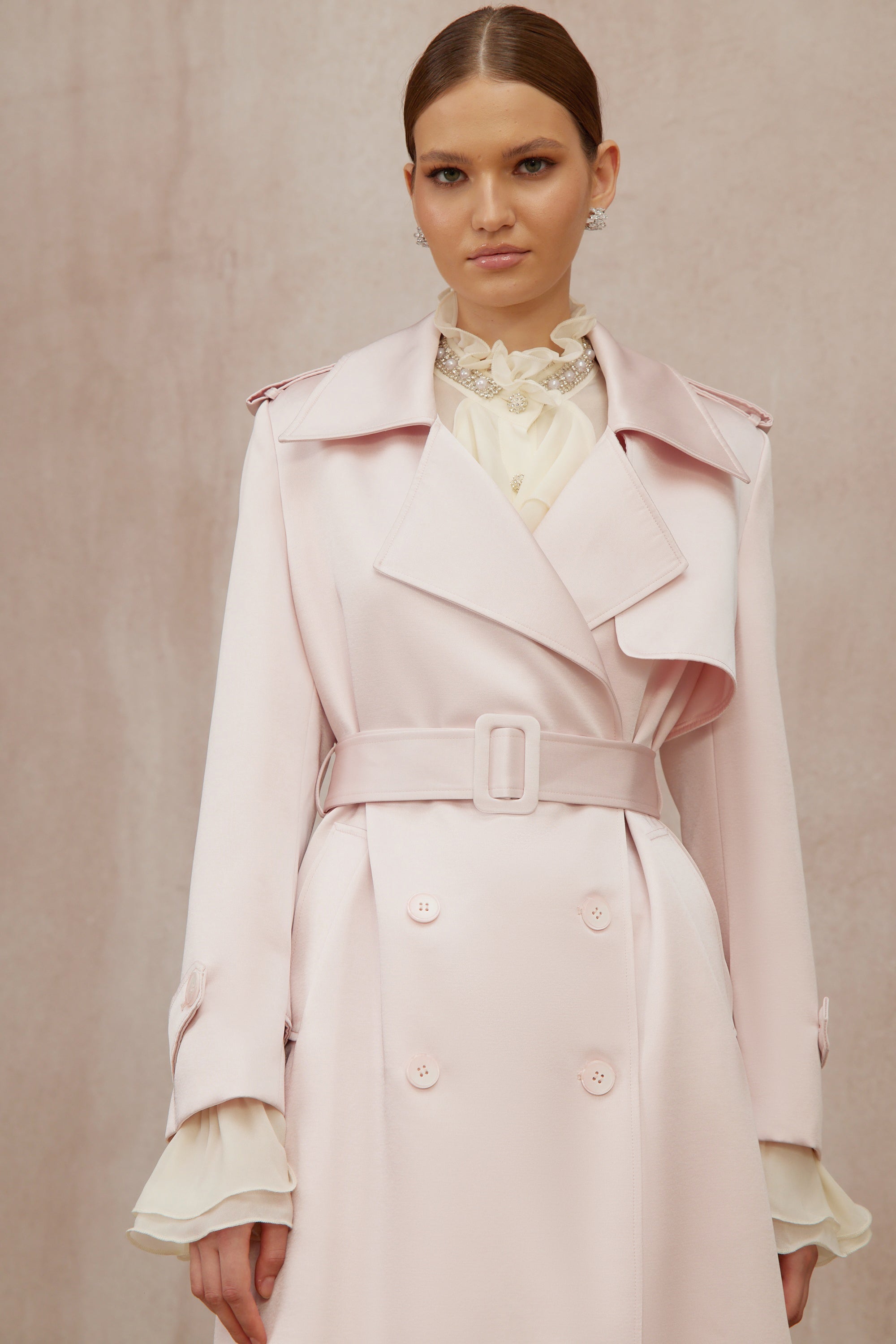 Caméo Pink Double-Breasted Satin Trench Overcoat (Final Sale)