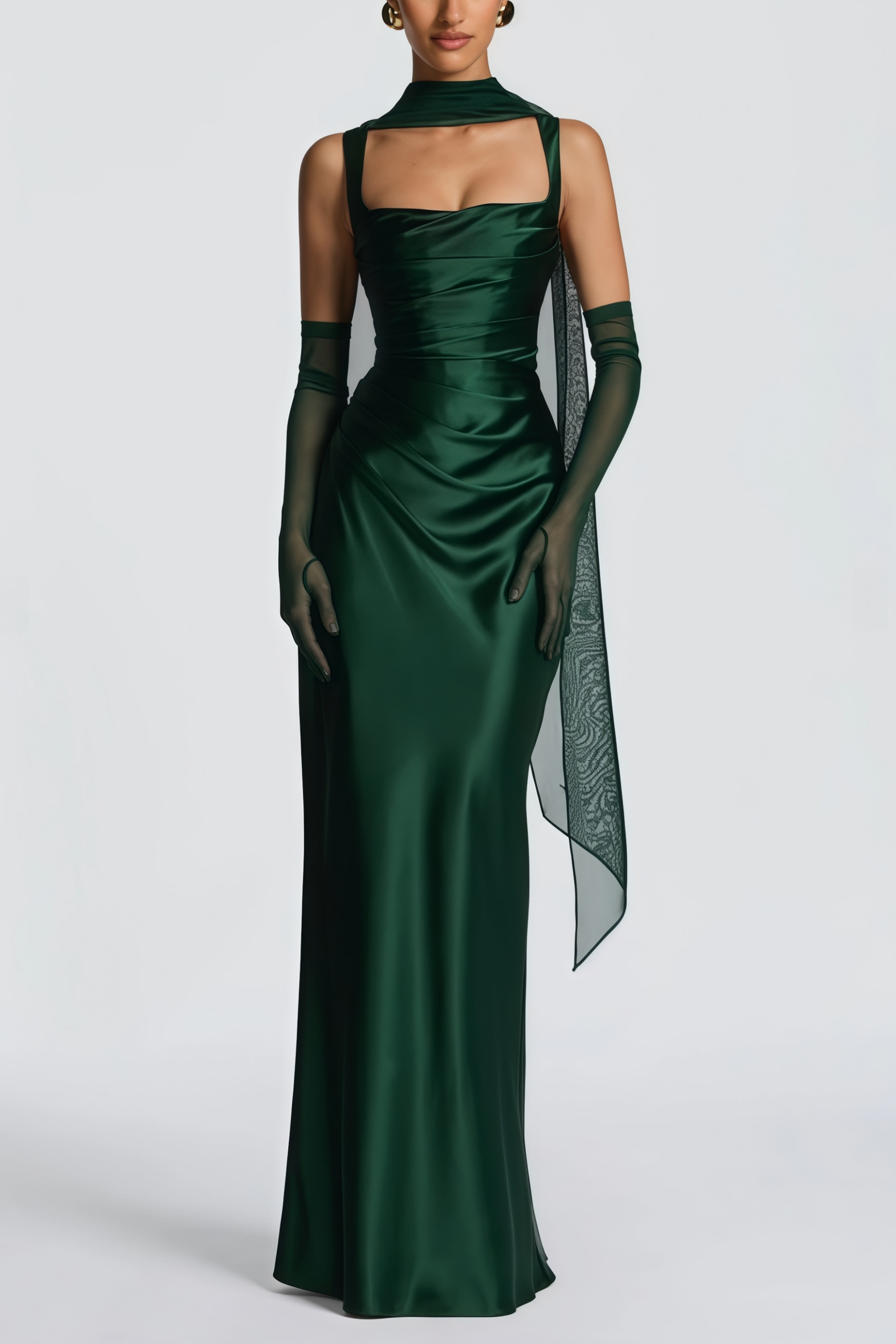 Emerald Ruched Satin Maxi Dress