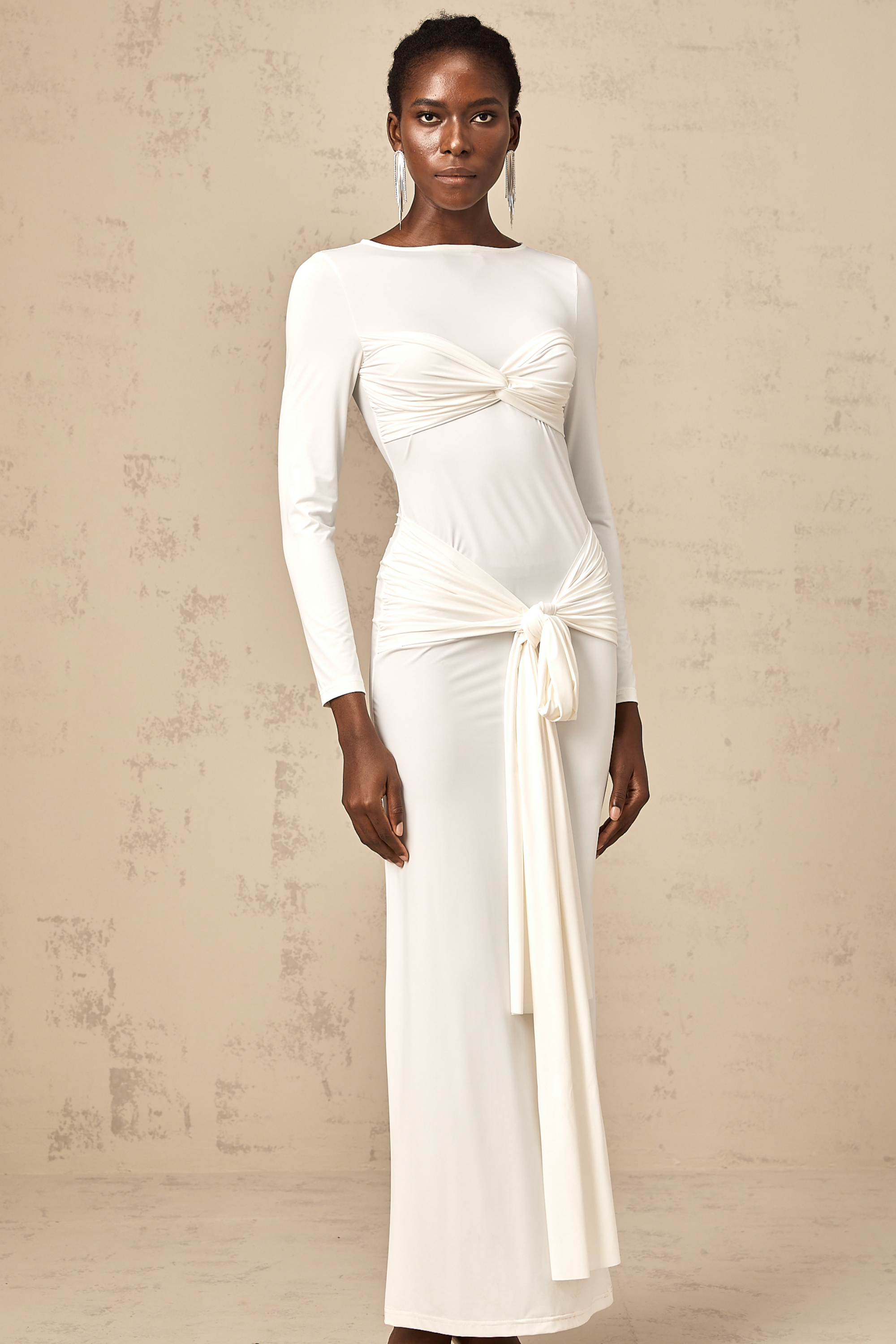 Elena white ribbon twist-detail ruched maxi dress (Final Sale-US Only)