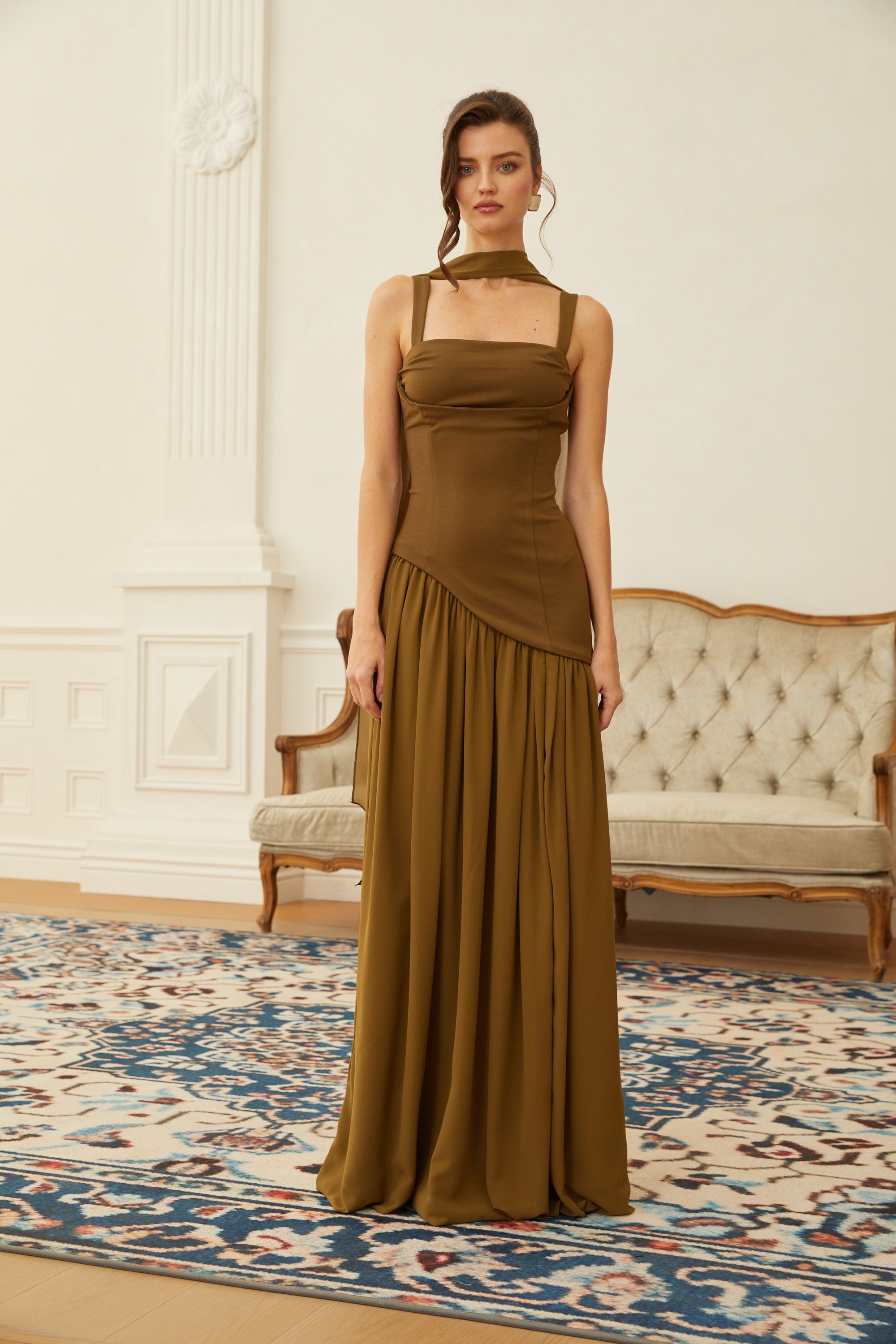 Sidonie Atrovirens Asymmetrical Maxi Gown (Without Gloves)  (Final Sale)