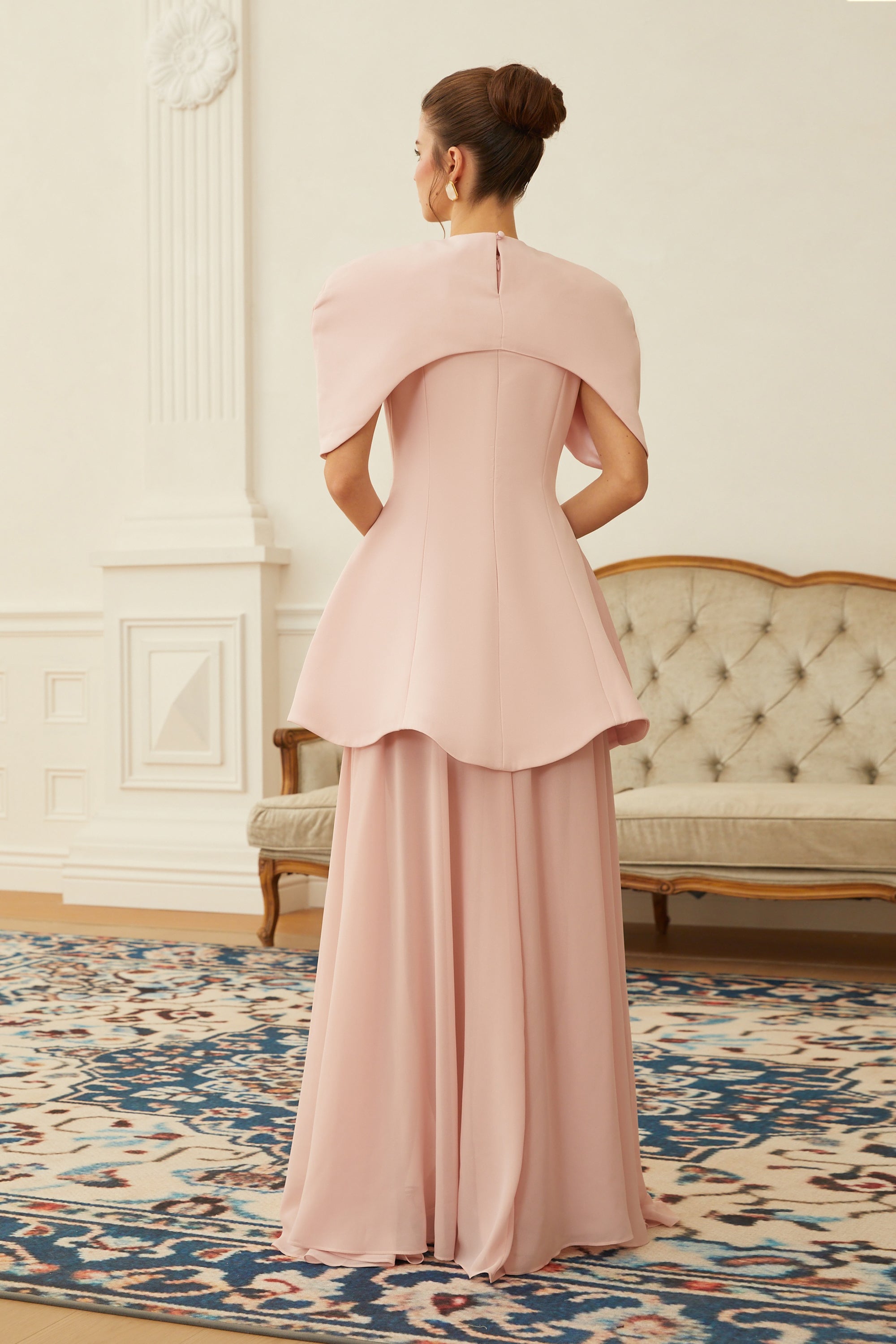 Auriane Pink Layered Cape Sculptural Maxi Dress Set (Final Sale-US Only)