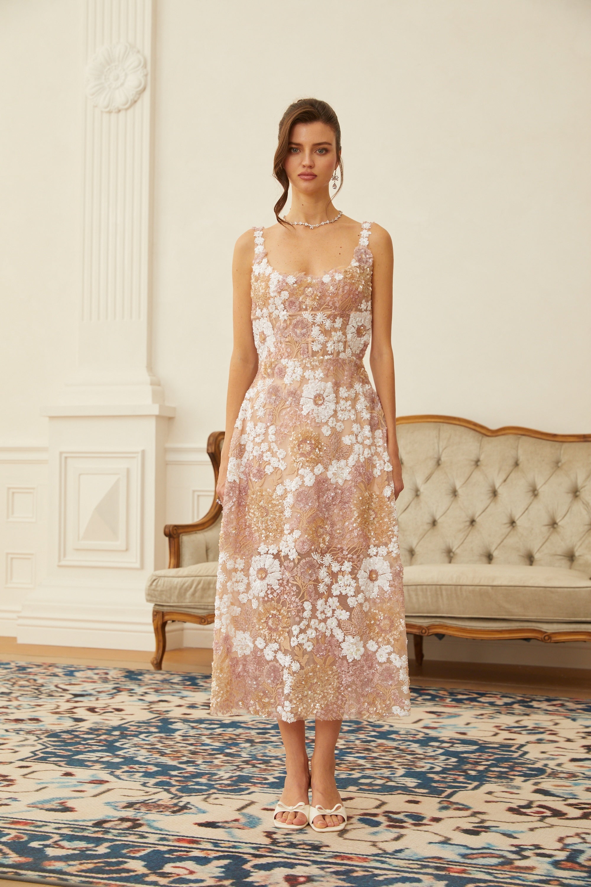 Eirlys Neutral Sequined Floral Tulle Midi Dress (Final Sale-US Only)