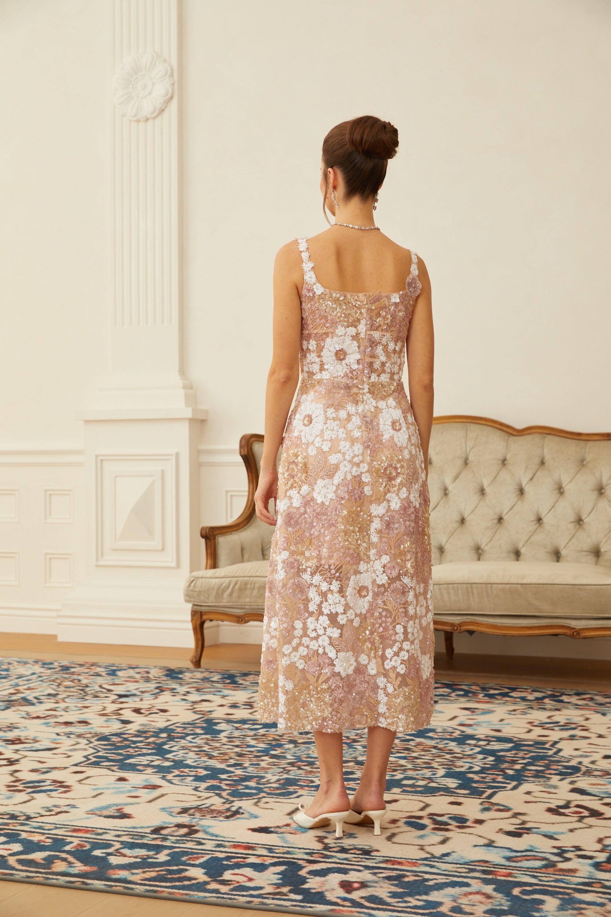 Eirlys Neutral Sequined Floral Tulle Midi Dress (Final Sale-US Only)