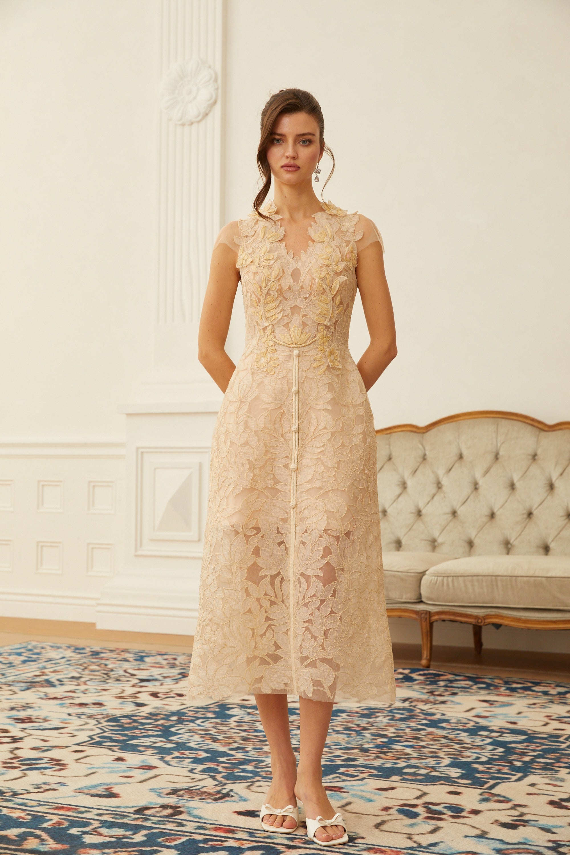 Linnea Nude Floral Applique V-Neck Midi Dress (Final Sale)