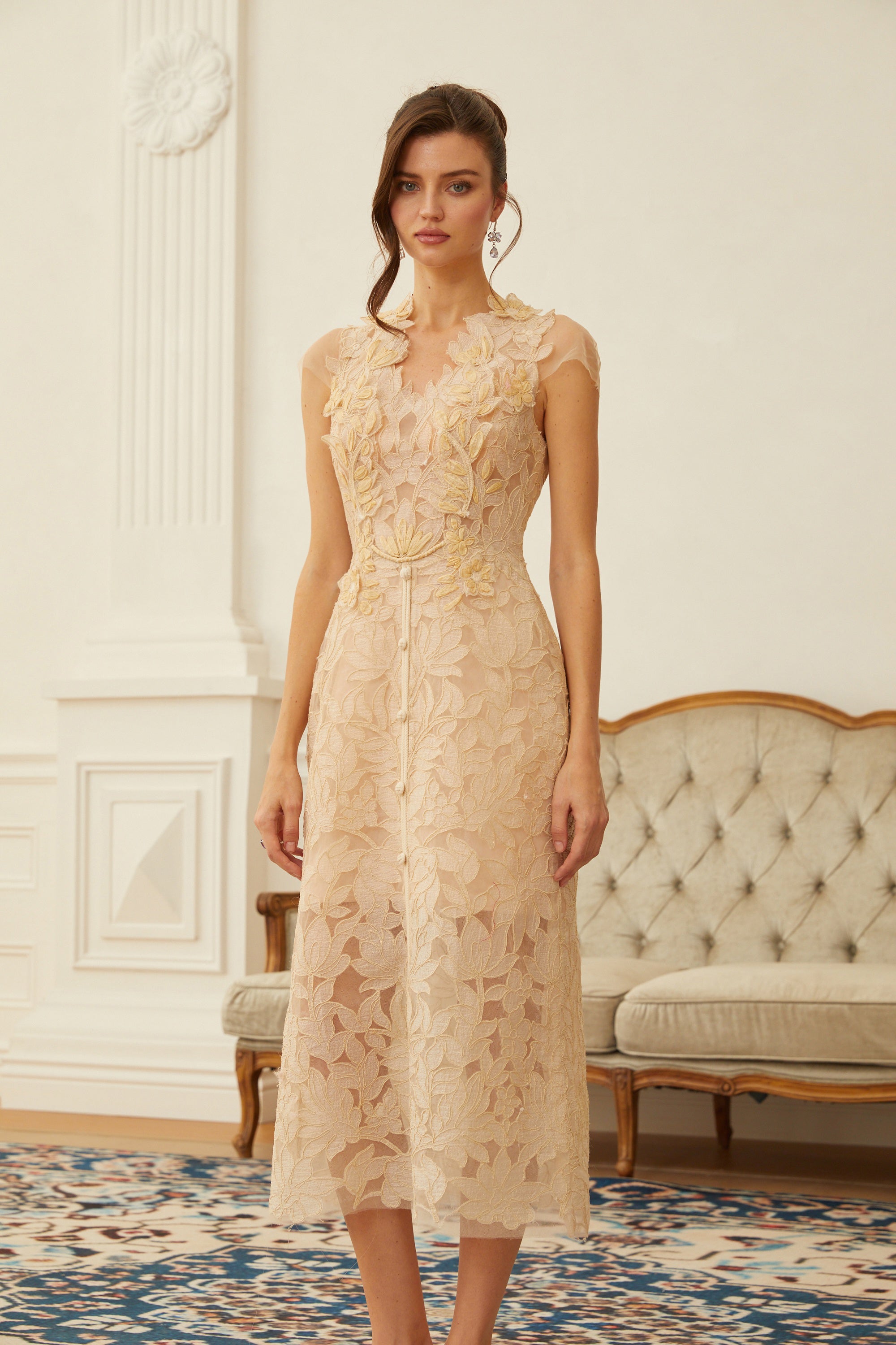Linnea Nude Floral Applique V-Neck Midi Dress (Final Sale)