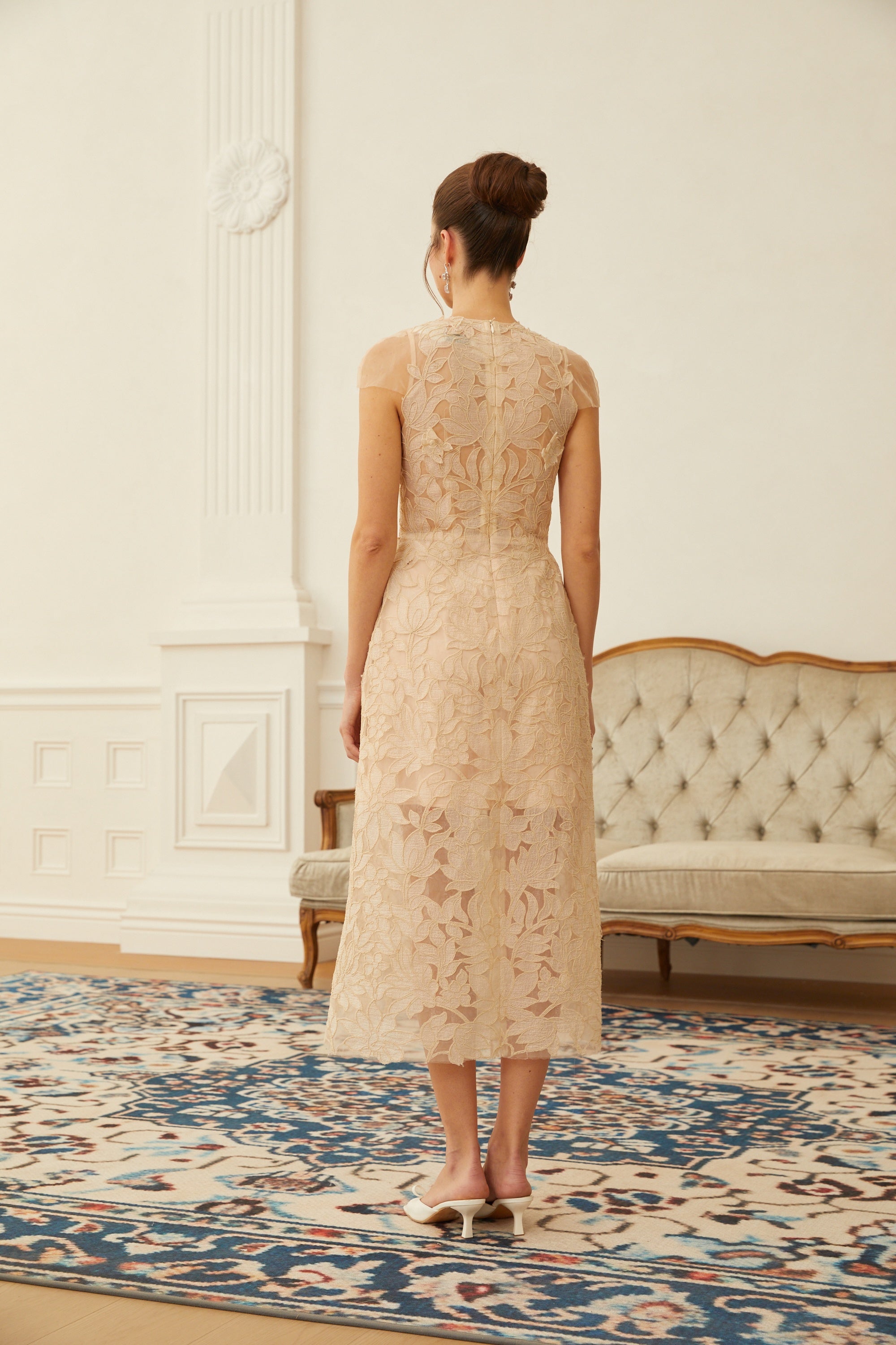 Linnea Nude Floral Applique V-Neck Midi Dress (Final Sale)