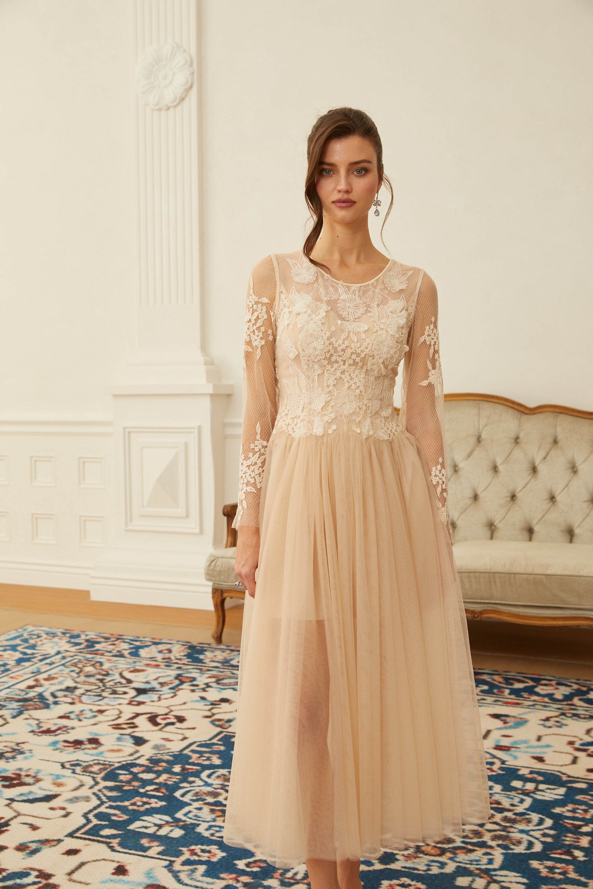 Aviana  Neutral Lace Panel Tulle Midi Dress (Final Sale-US Only)