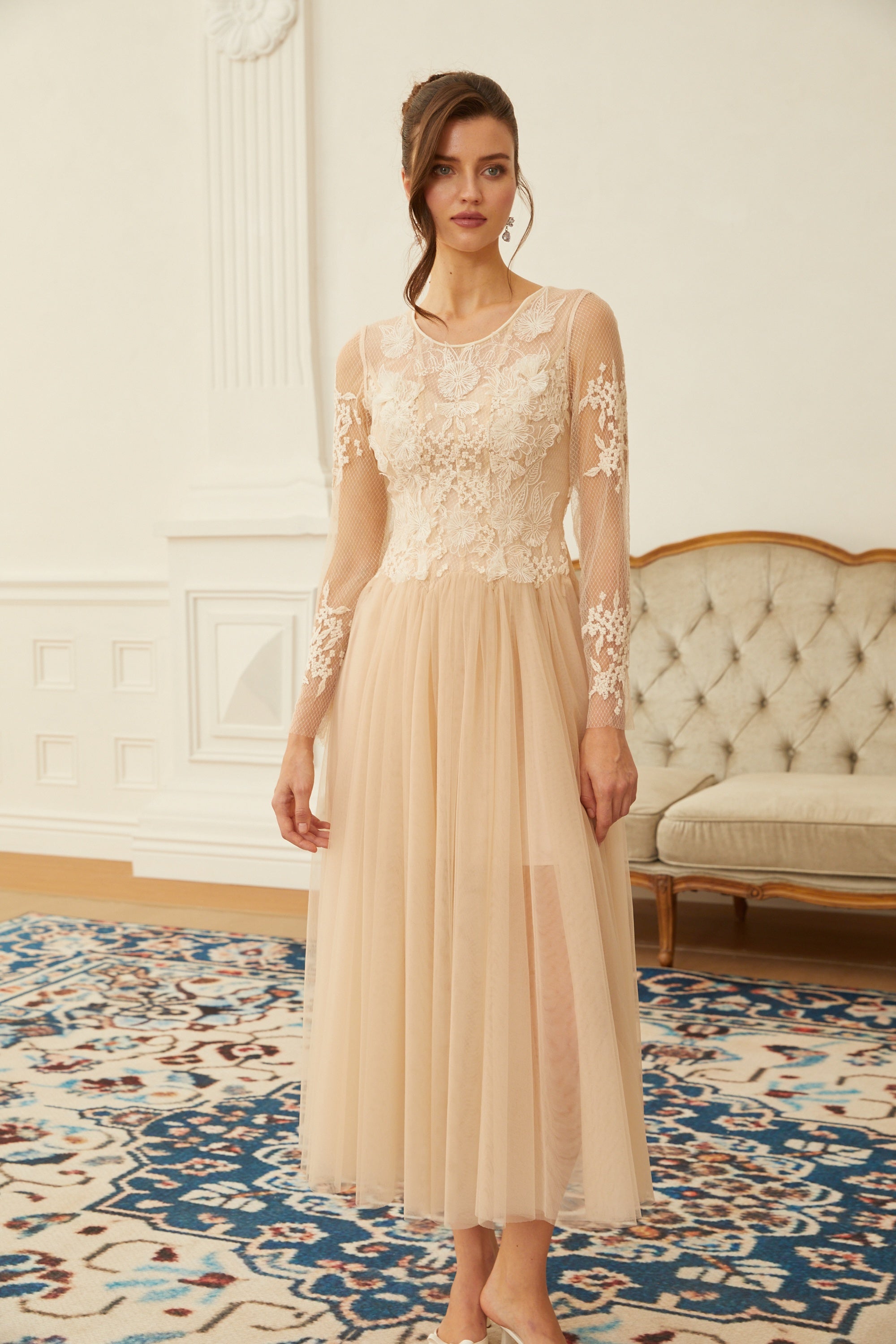 Aviana  Neutral Lace Panel Tulle Midi Dress (Final Sale-US Only)