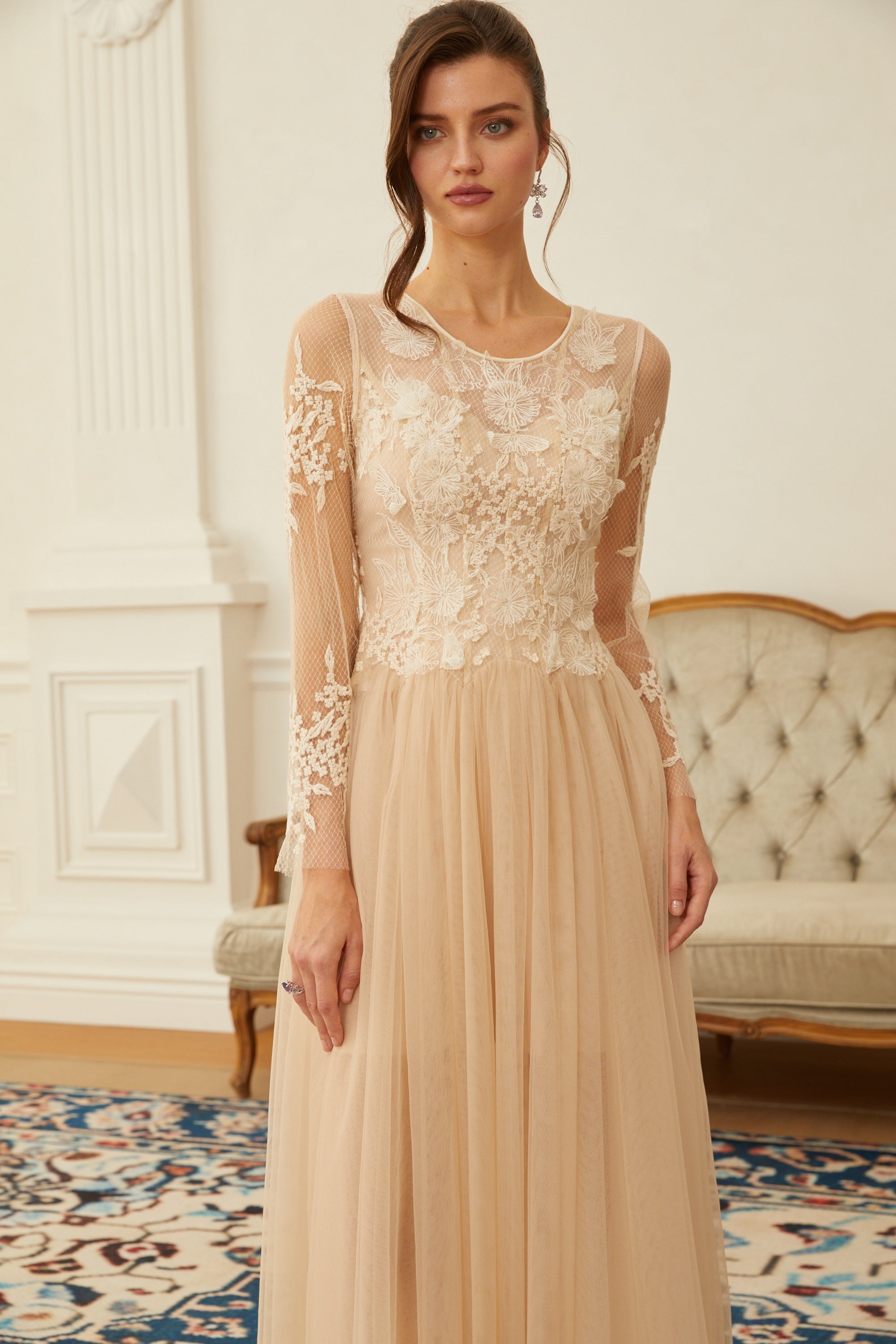Aviana  Neutral Lace Panel Tulle Midi Dress (Final Sale-US Only)