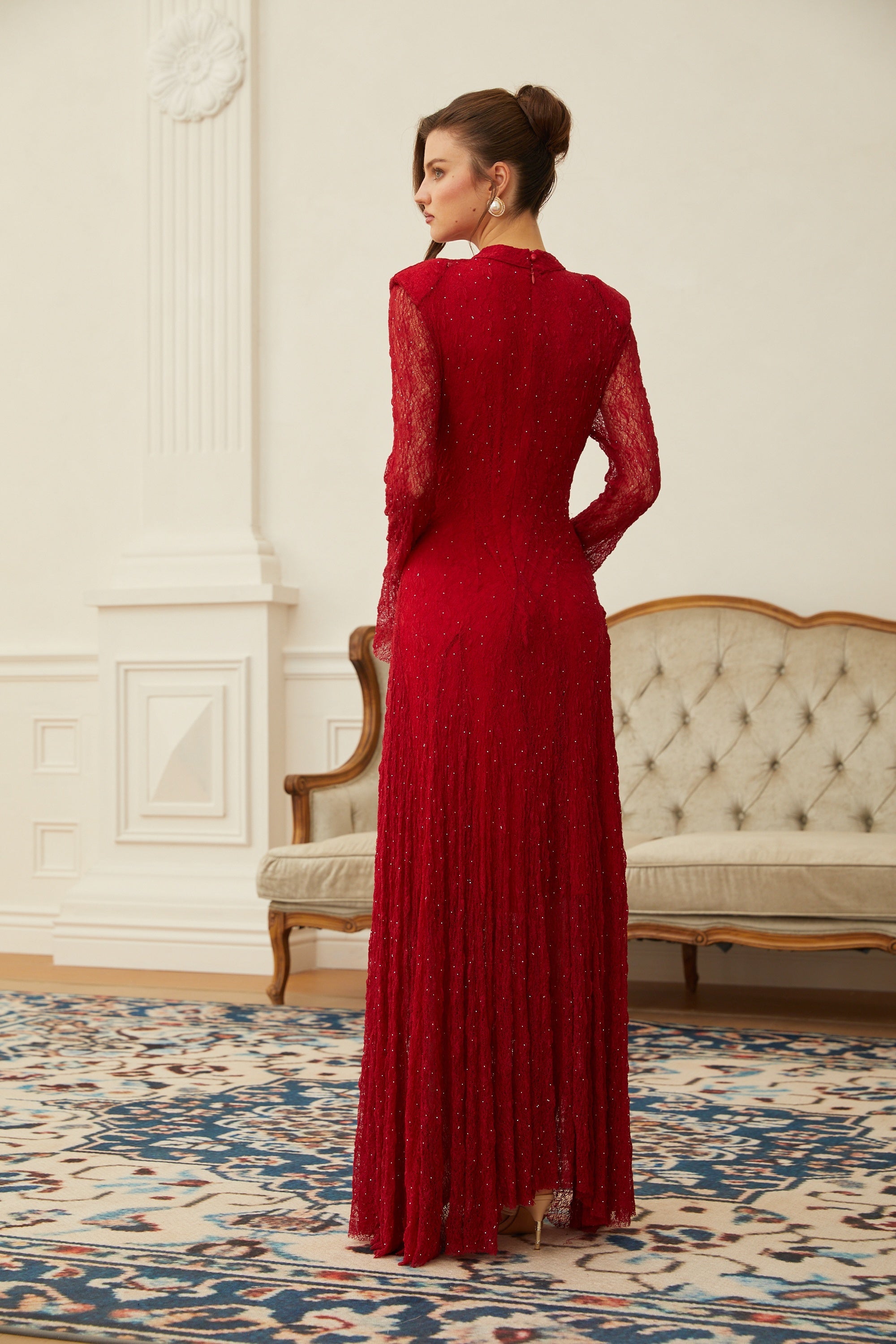 Justyna Red Rhinestone Guipure Lace Maxi Dress (Final Sale)