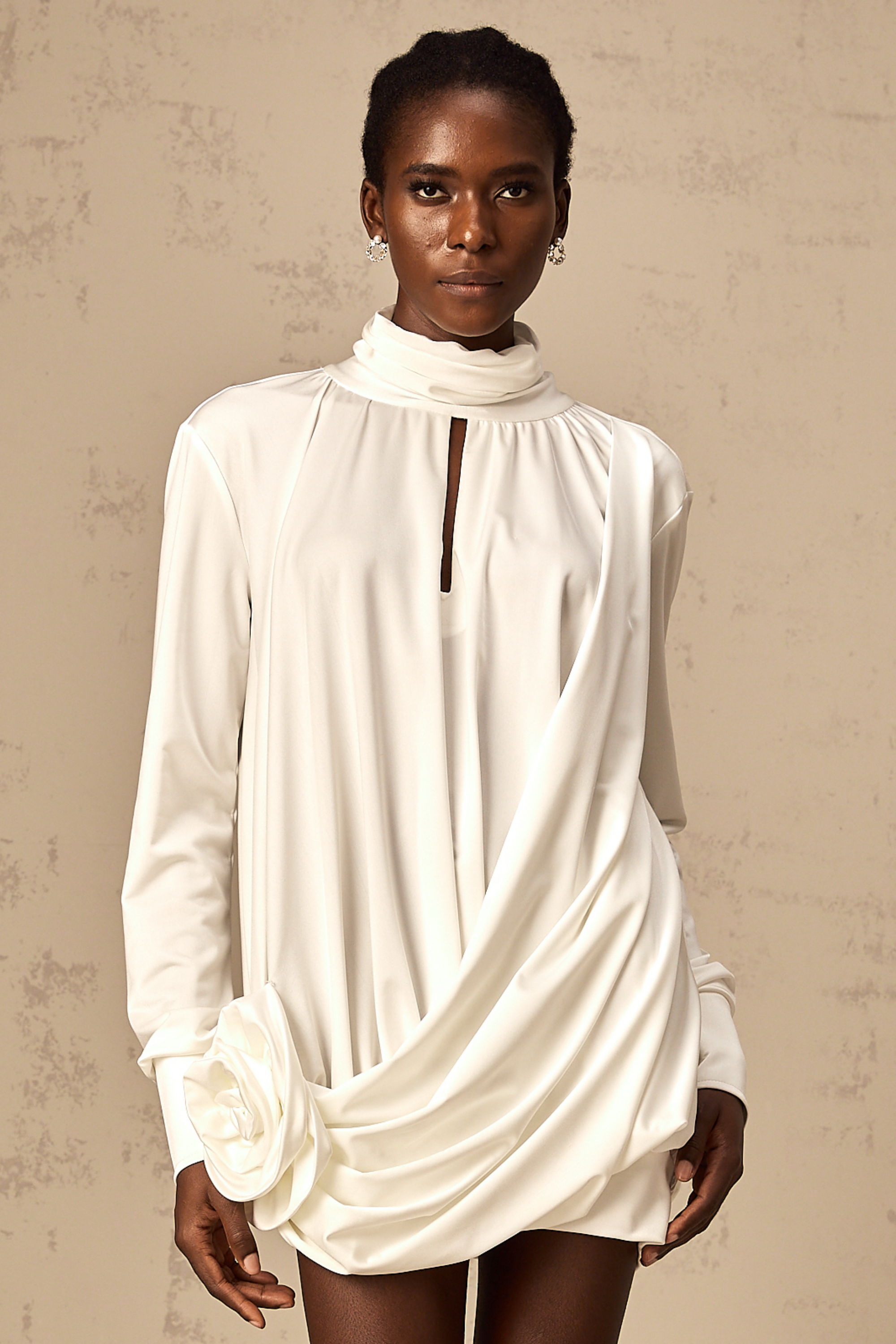 Maeva faux-flower ruched mini dress in White (Final Sale)