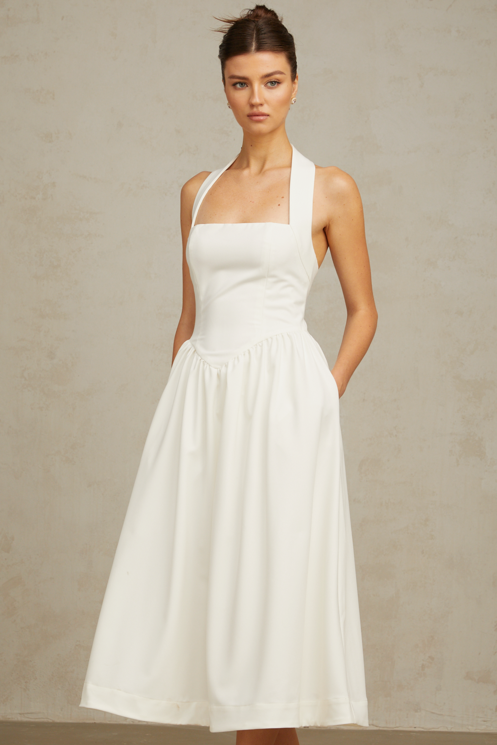 Alizée halterneck pleated midi dress in White (Final Sale)