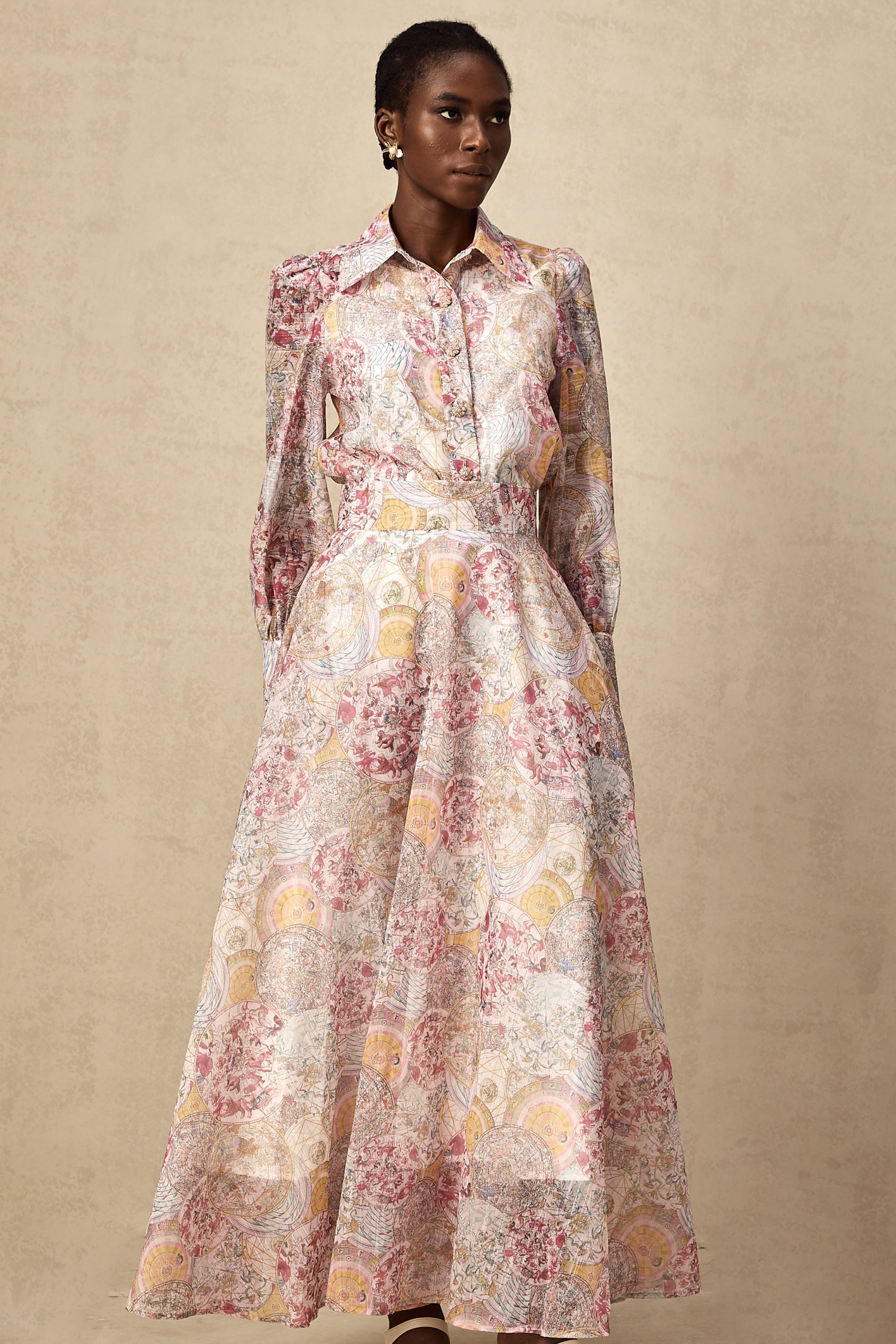 Cherry pink pattern-print shirt & skirt matching set（Final Sale）