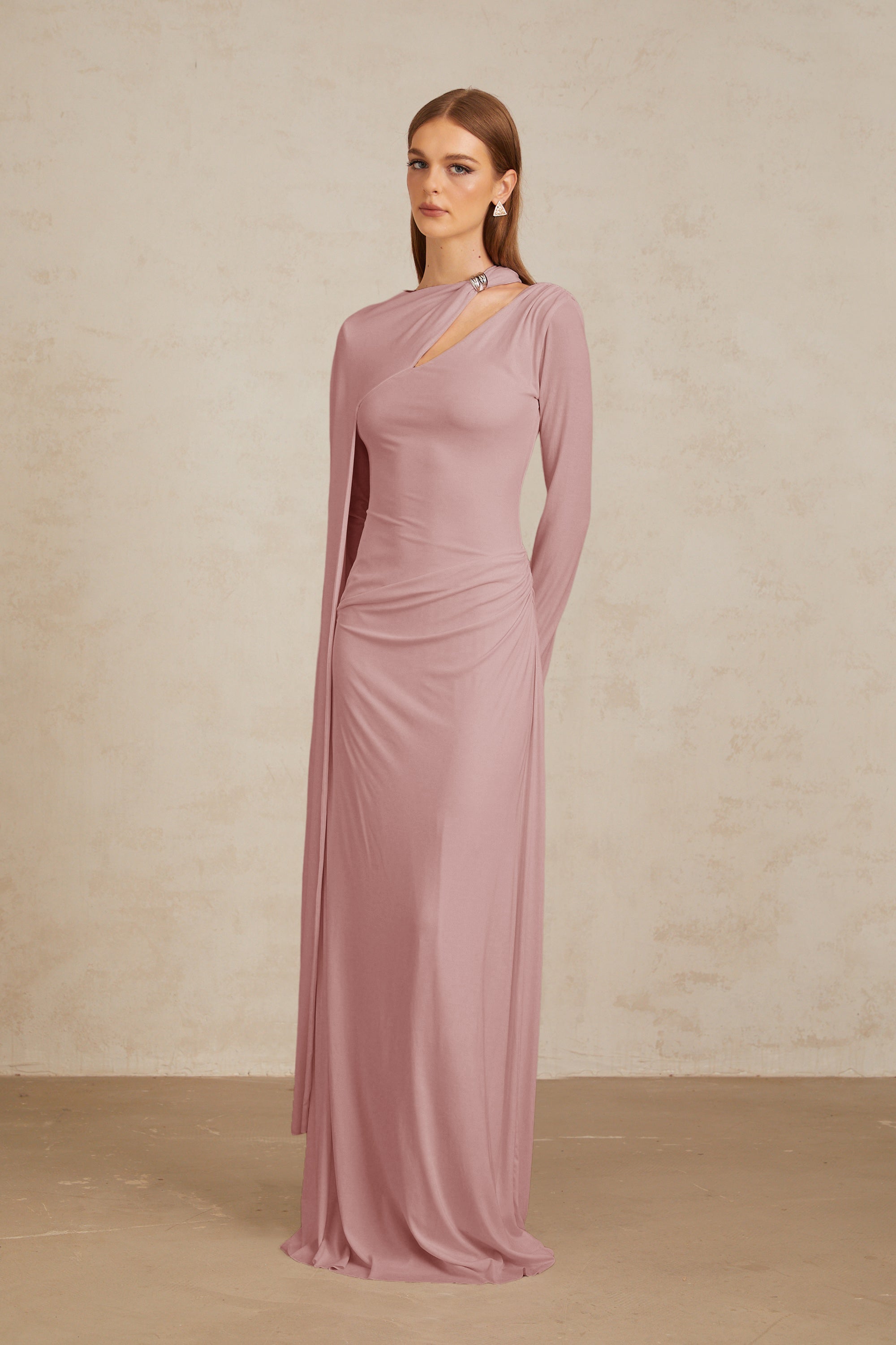 Josette Pink Diagonal Shawl Fitted Maxi Dress