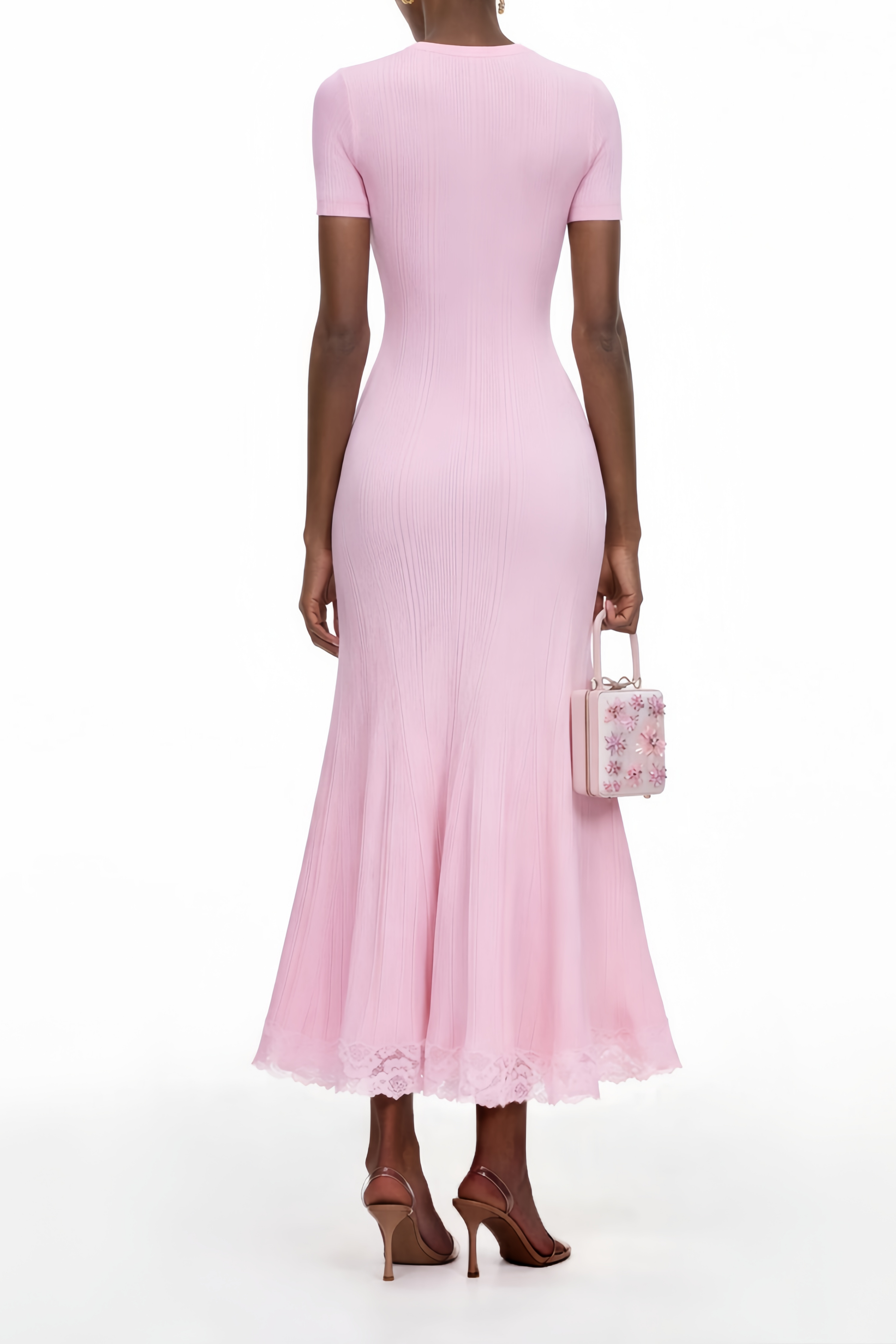 Pink Knit Lace Insert Midi Dress