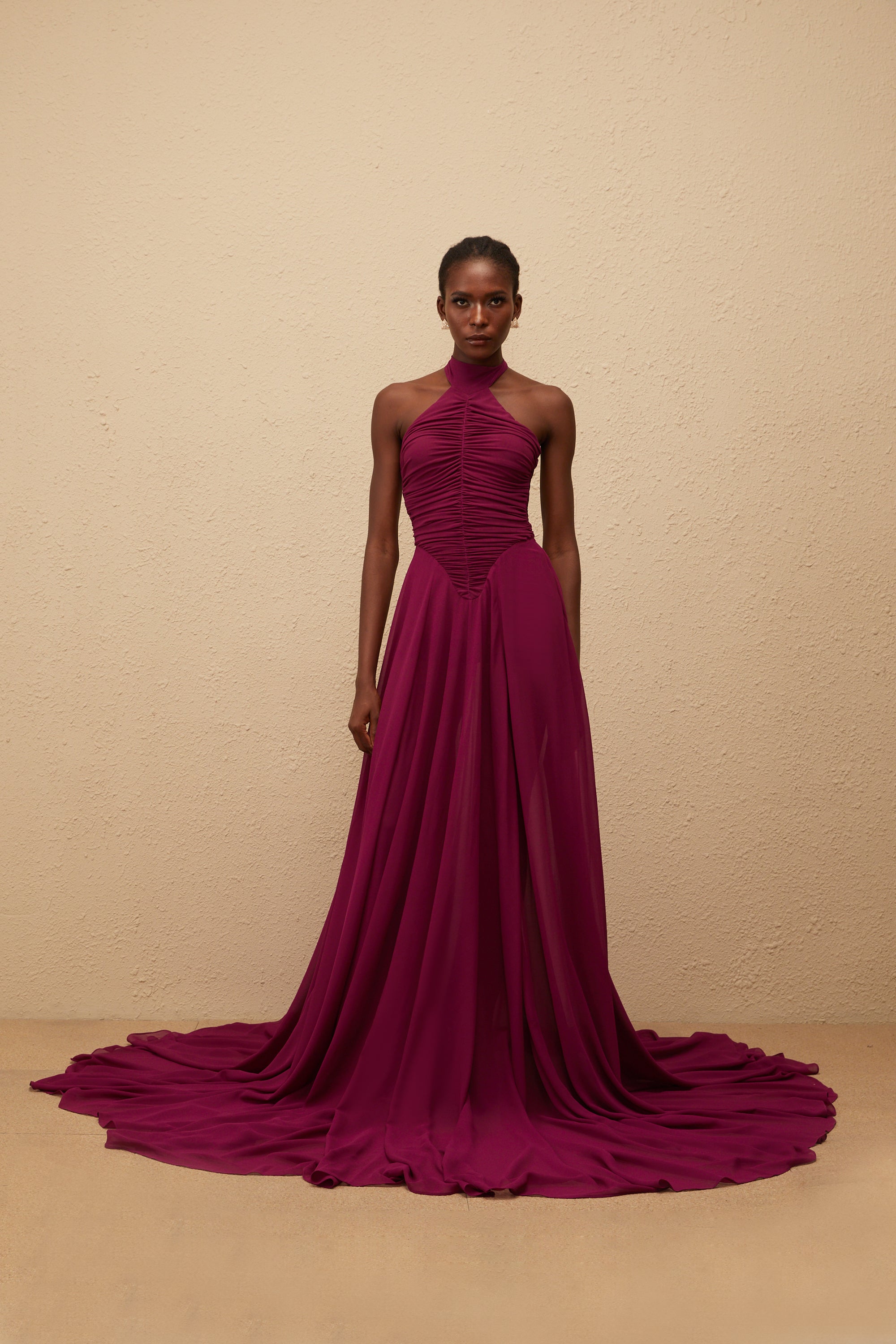 Kerstin Purple Train Design Ruched Maxi Dress (Final Sale-US Only)