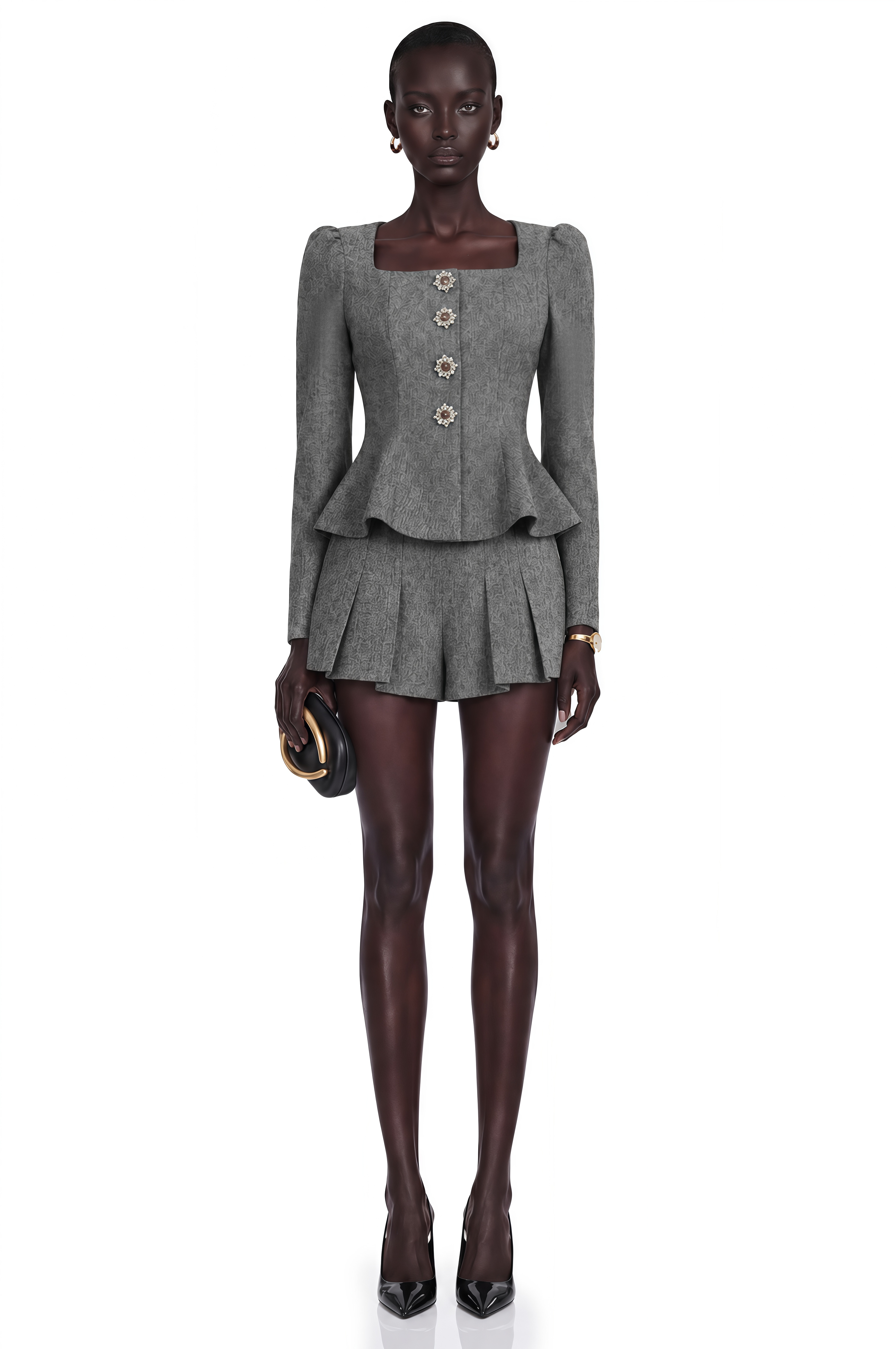Agathe Grey Herringbone Top & Shorts Matching Set