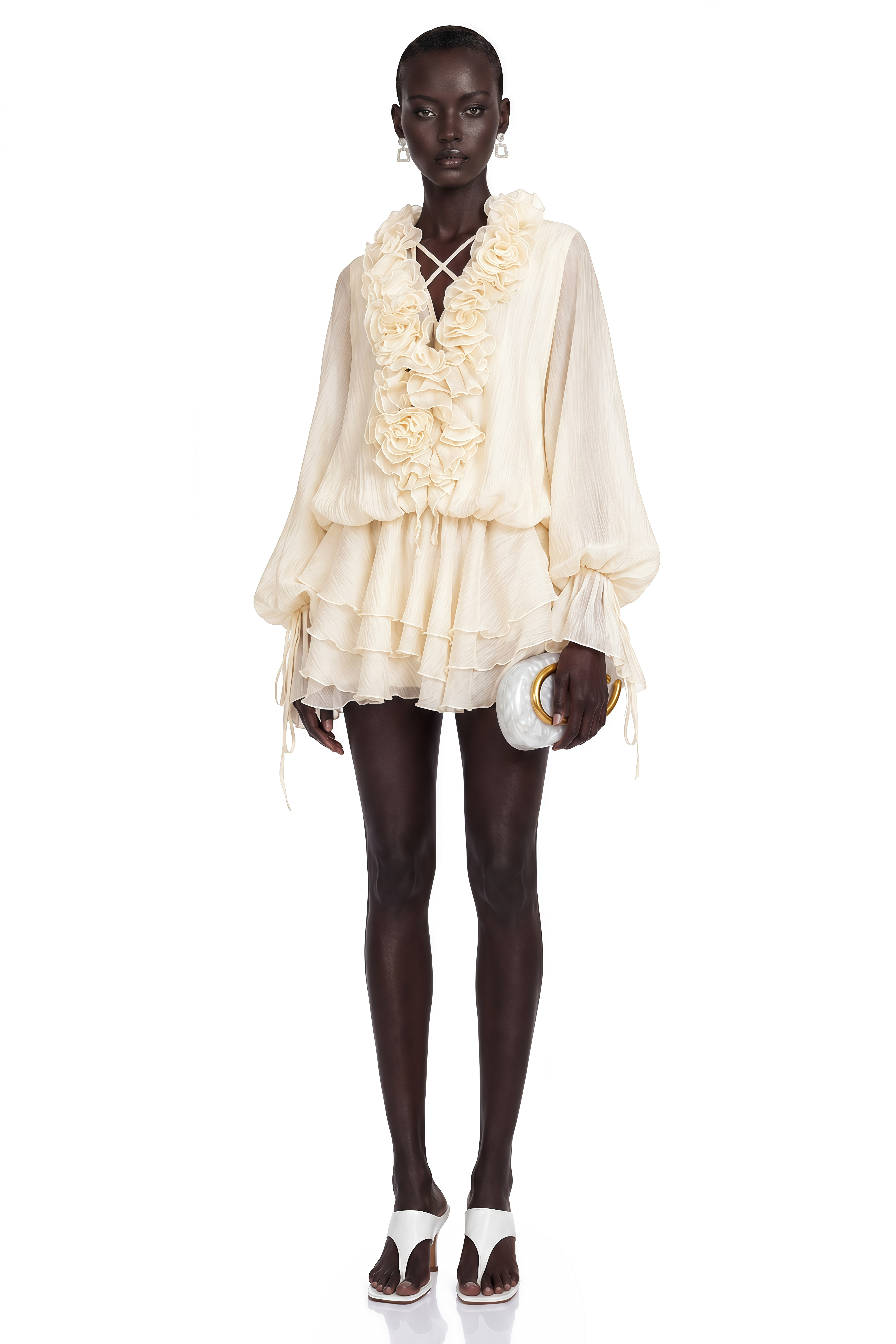 Zéphyrine Floral-Appliqué Tiered Mini Dress in Neutrals