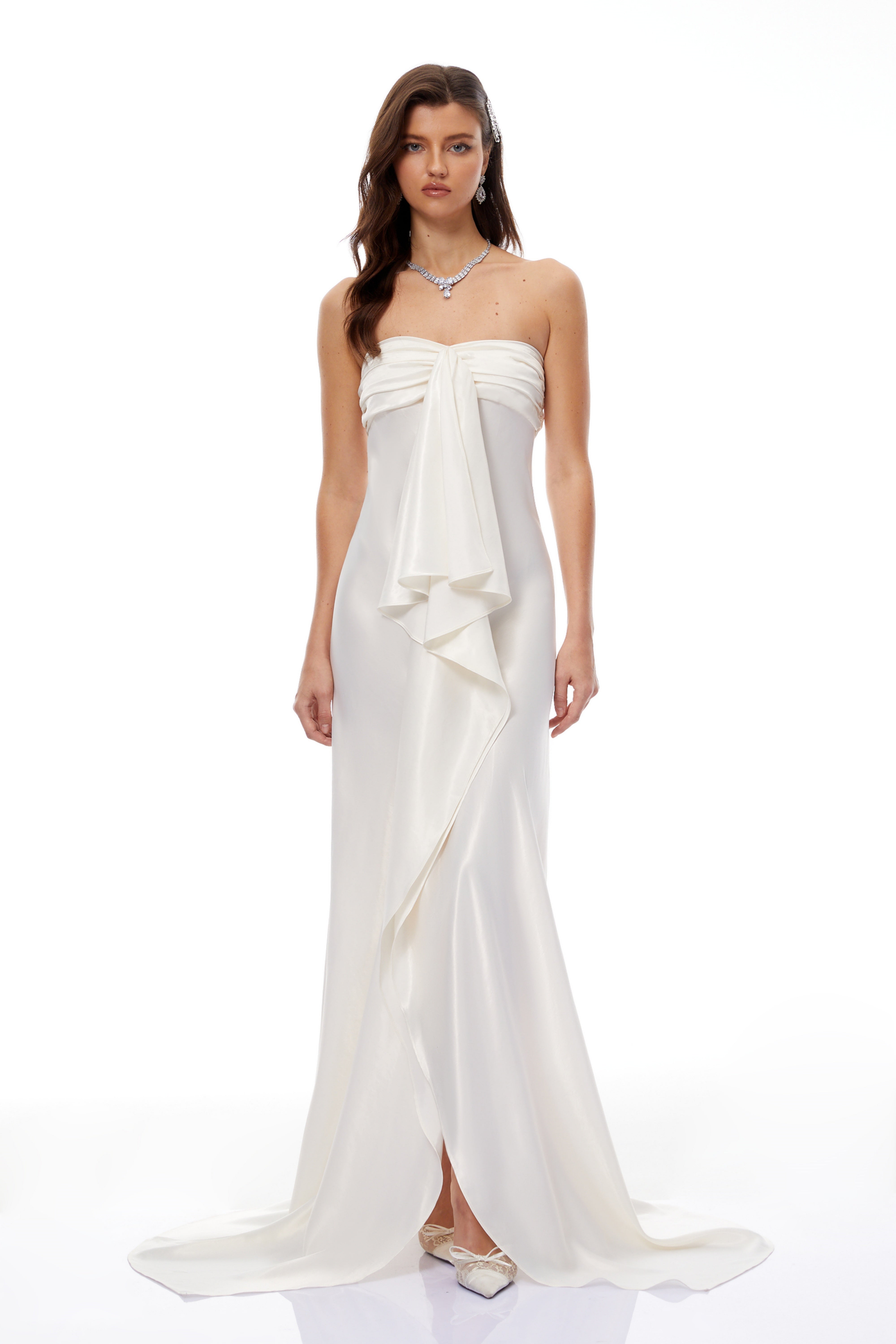 Lilla Beige Strapless Ruffled Satin Maxi Dress (Final Sale-US Only)