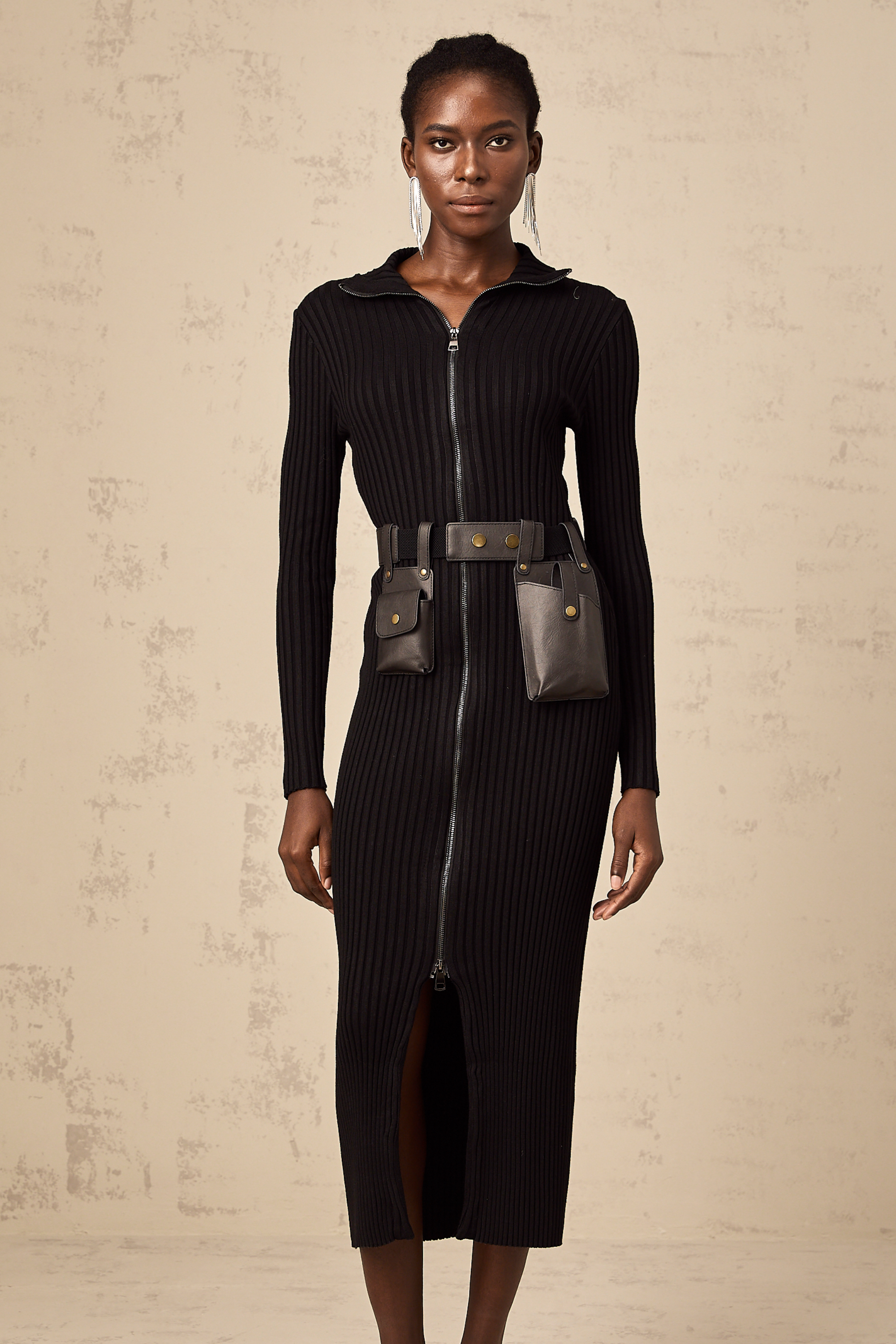 Nicoletta black front-zip belted knit midi dress (Final Sale)