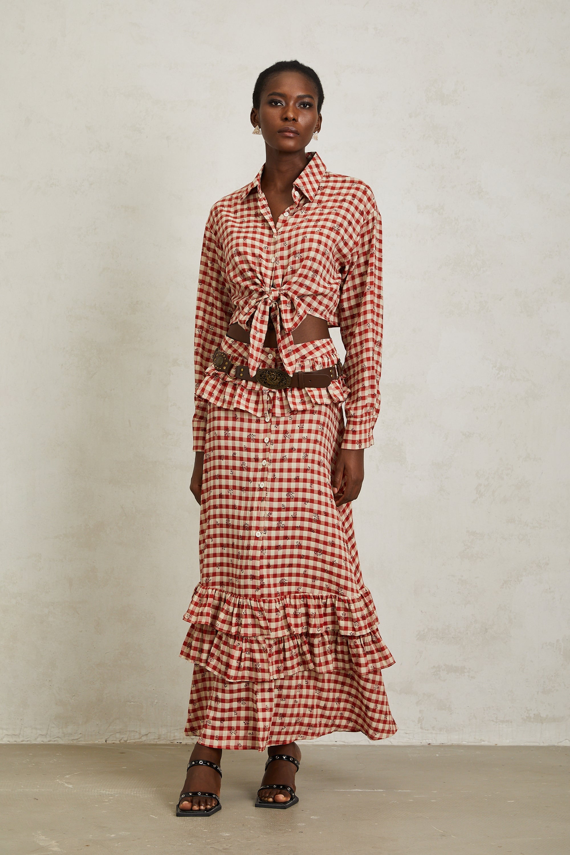 Céline Red Rose Print Plaid Shirt & Skirt Set (Without Belt)