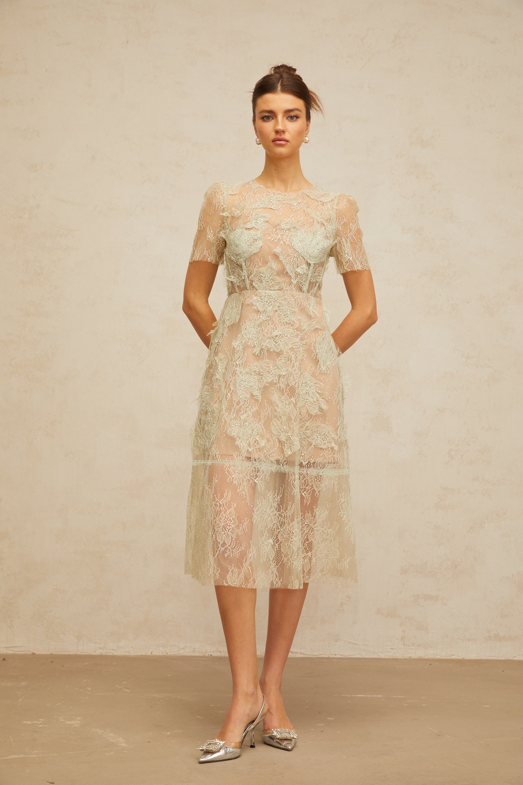 Xaviera mint-green floral-lace midi dress (Final Sale-US Only)