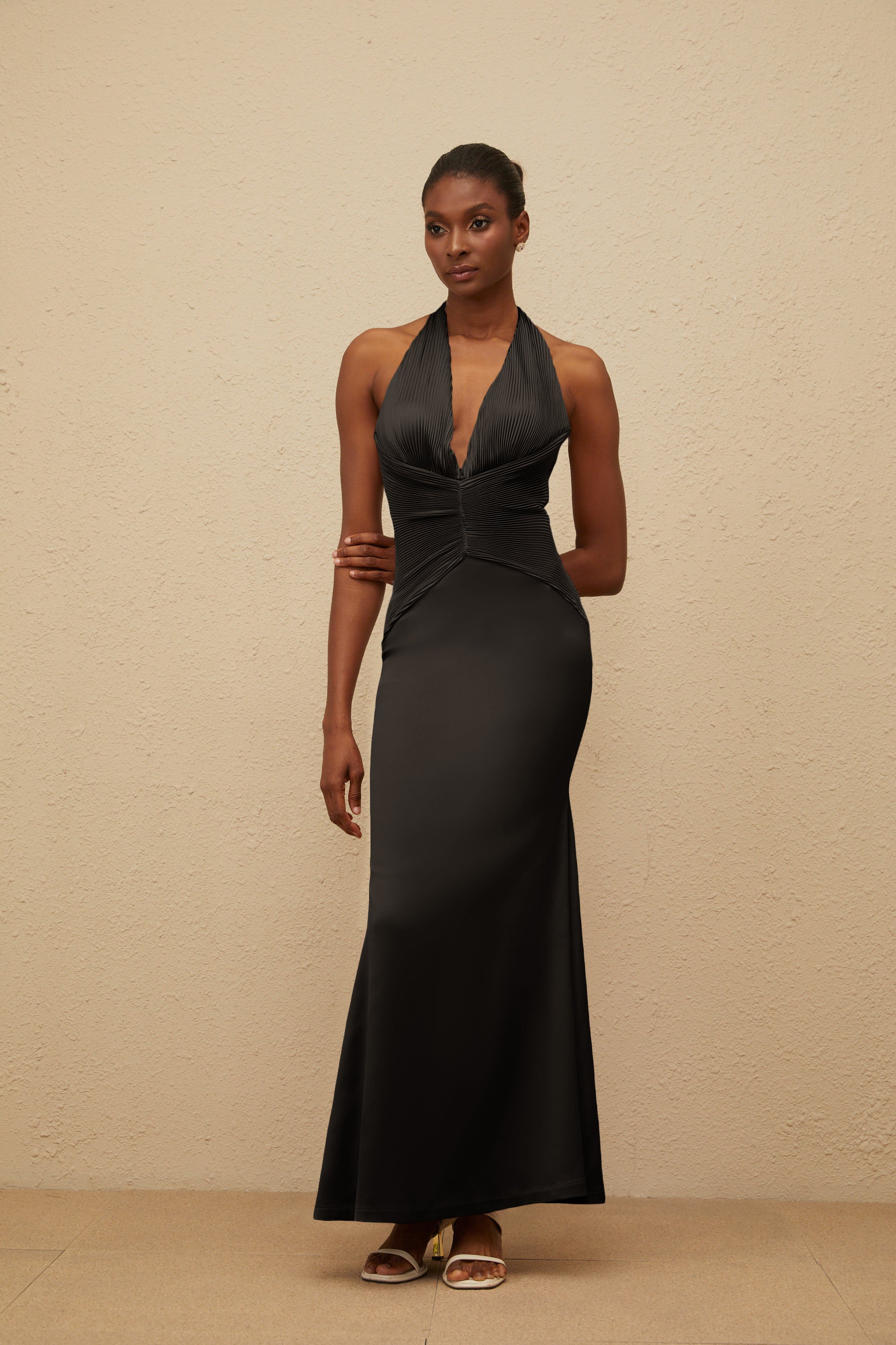 Colette Black Halterneck Ruched Satin Gown (Final Sale-US Only)