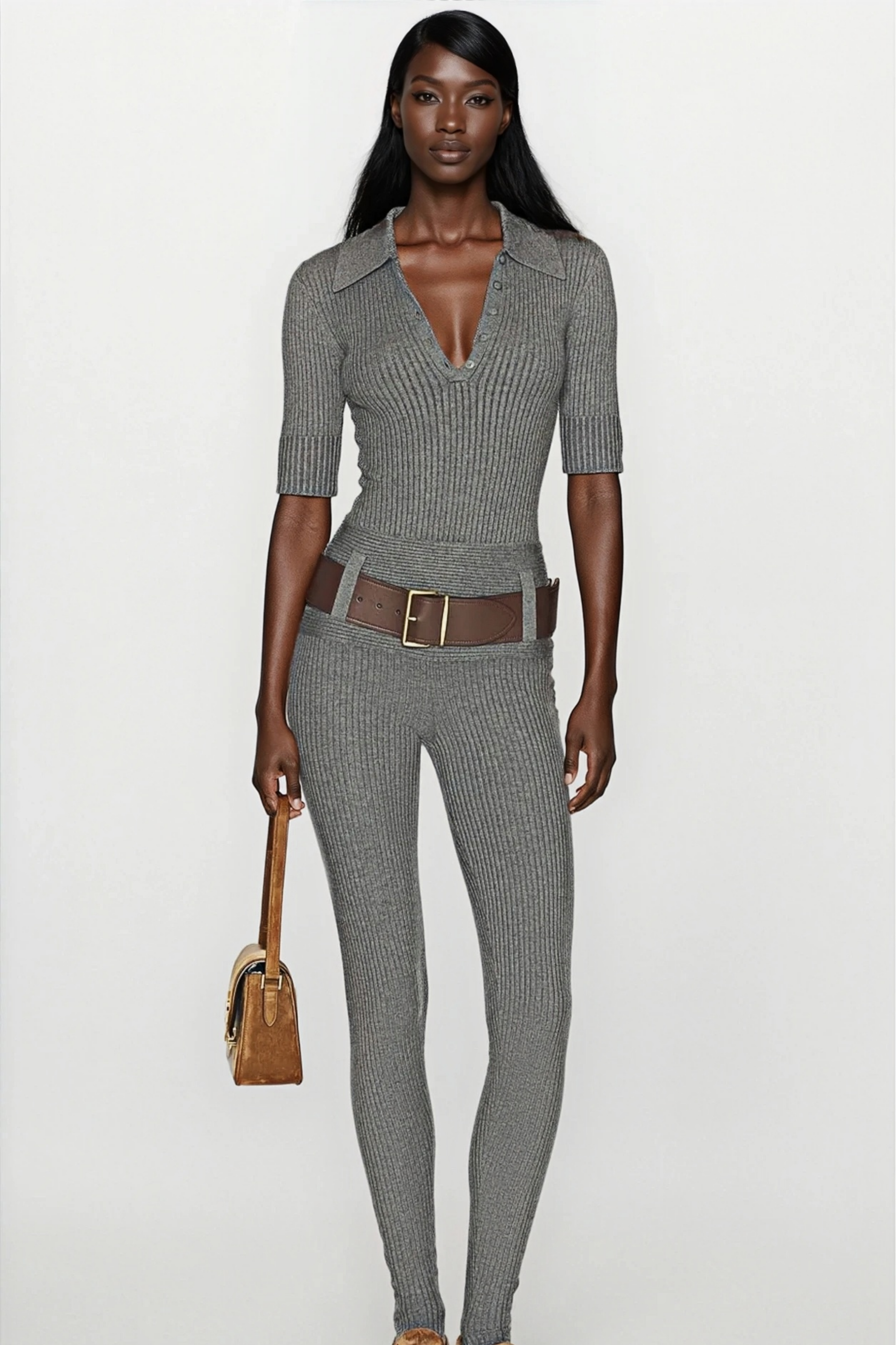 Grey Ribbed Knit Bodysuit & Trousers Set