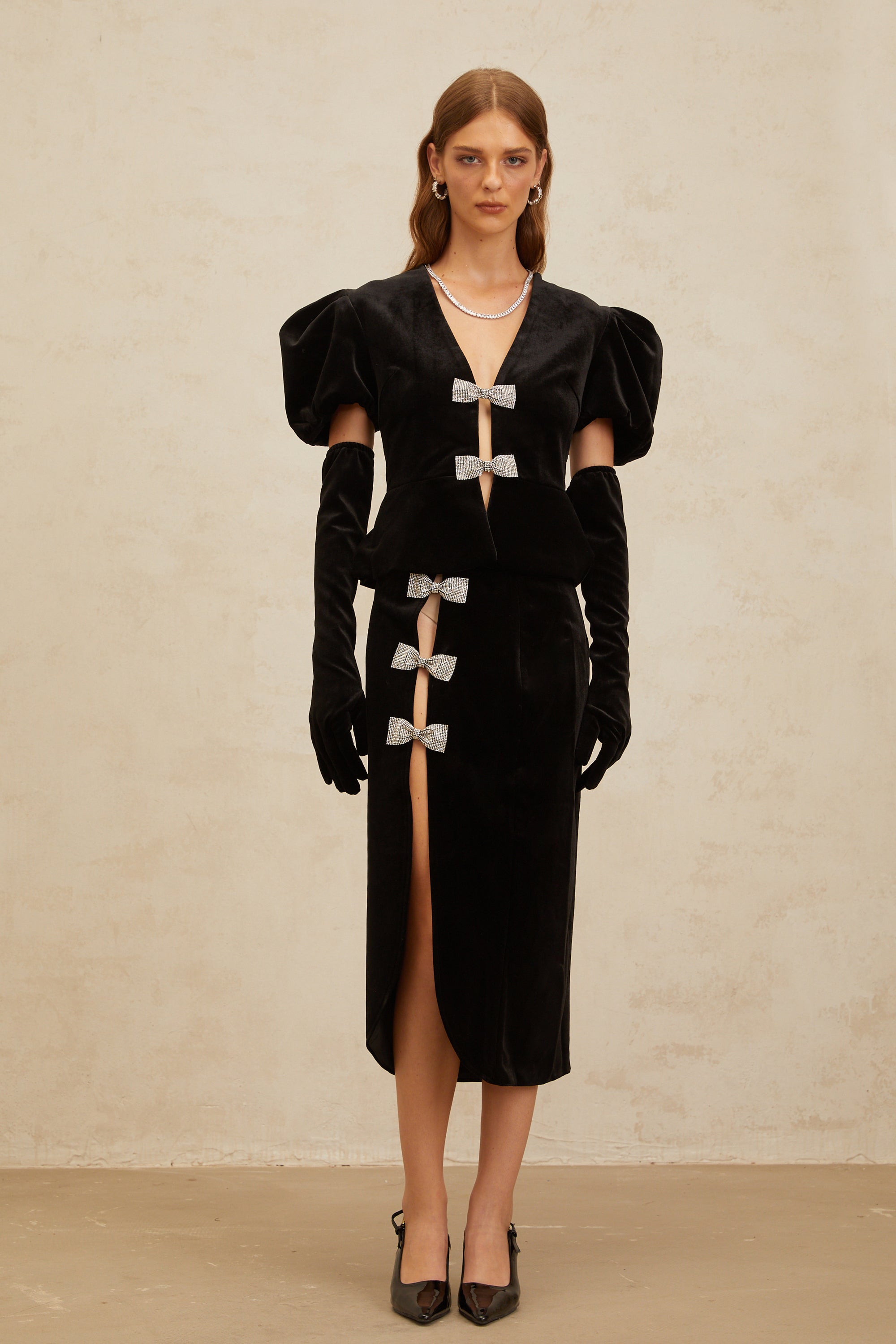 Adèle Black Bowknot Cut-Out Velvet Top & Skirt Matching Set (Final Sale-US Only)