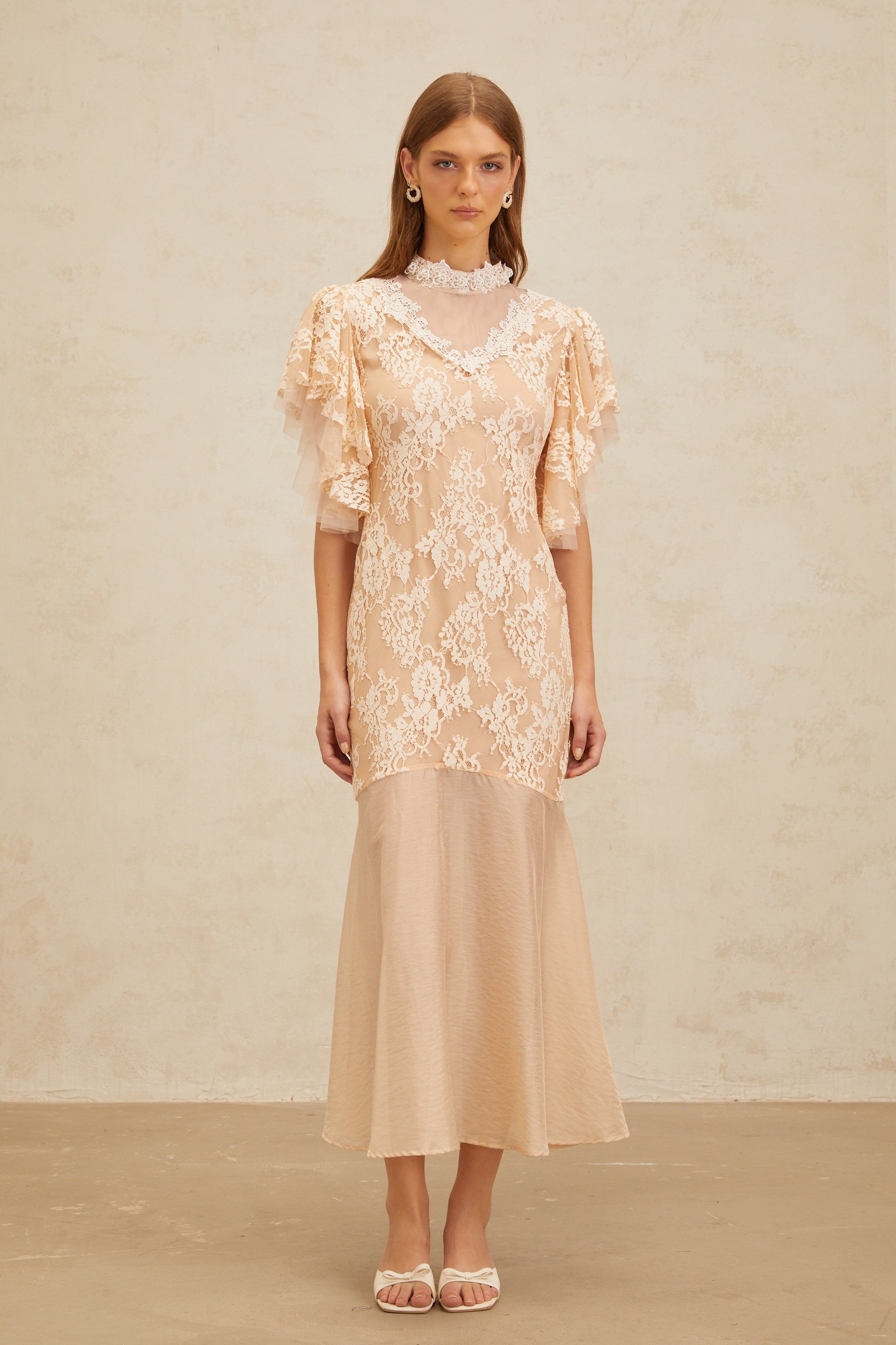 Annabelle Embellished Floral Lace Panelled Midi Dress in Neutrals (Final Sale)