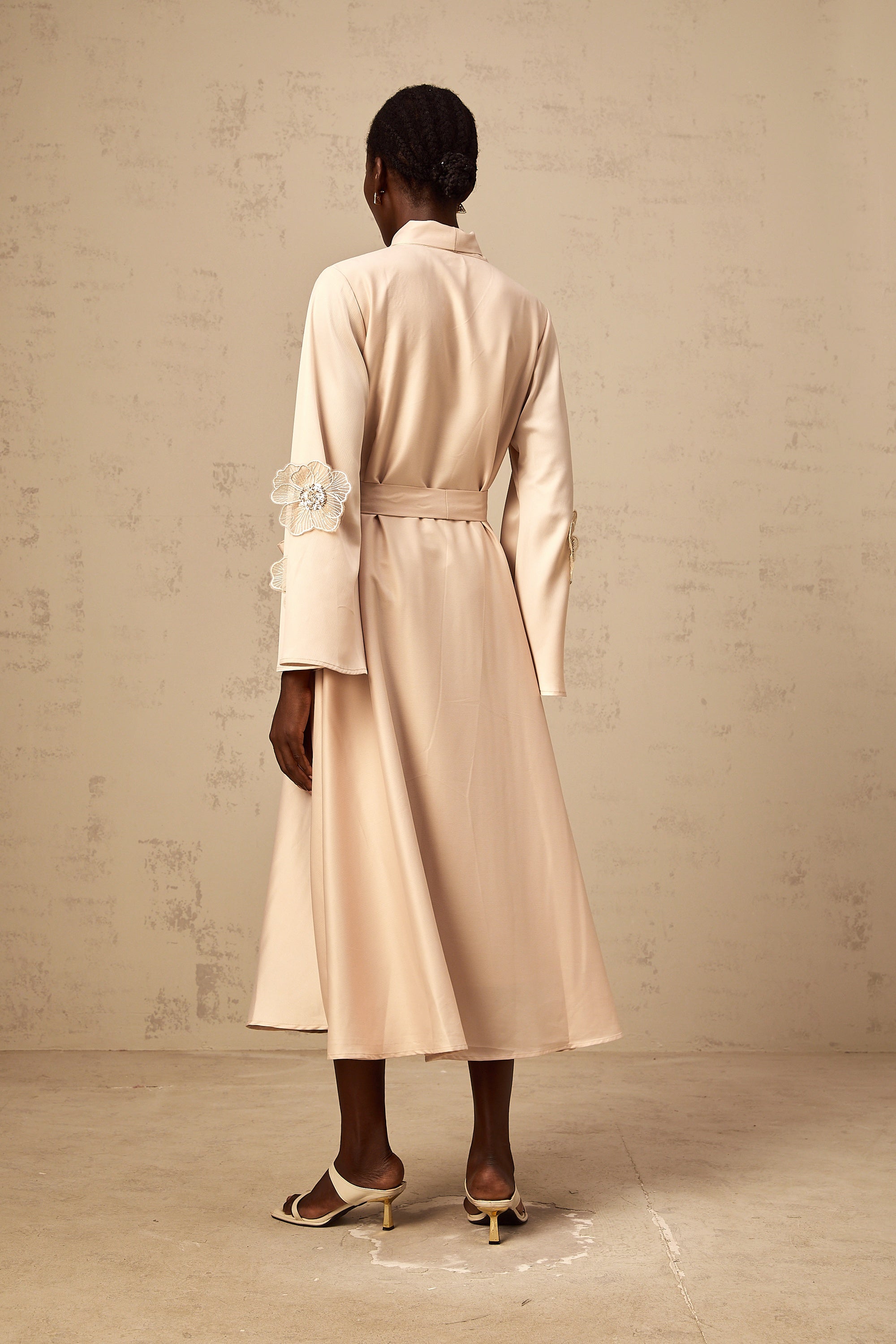 Orane tied floral-applique flared midi dress in Neutrals (Final Sale-US Only)