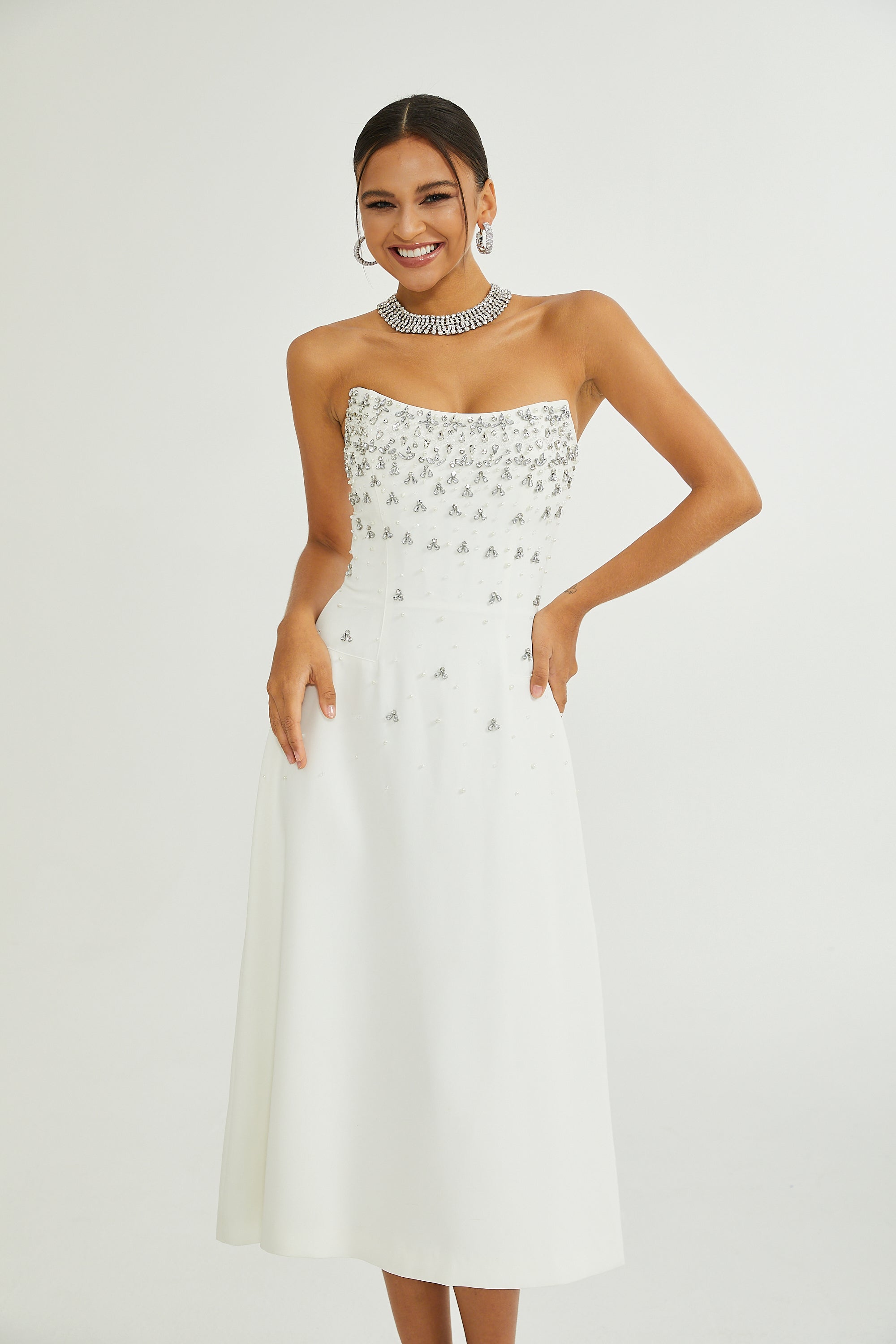 Melisande White Embellished Midi Dress