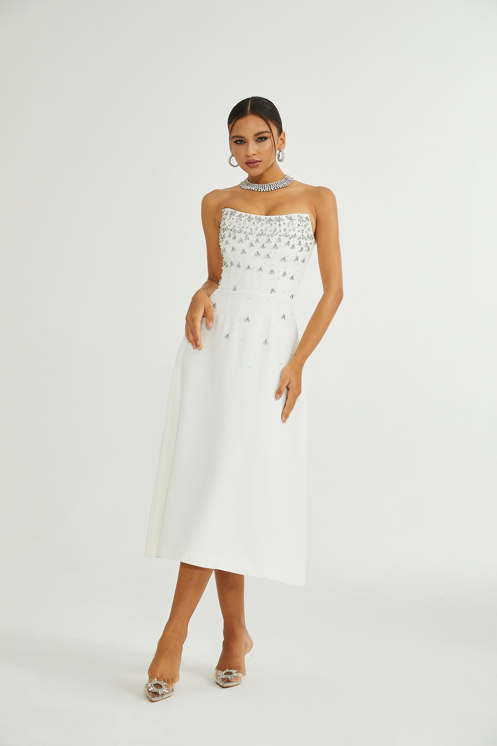 Melisande White Embellished Midi Dress