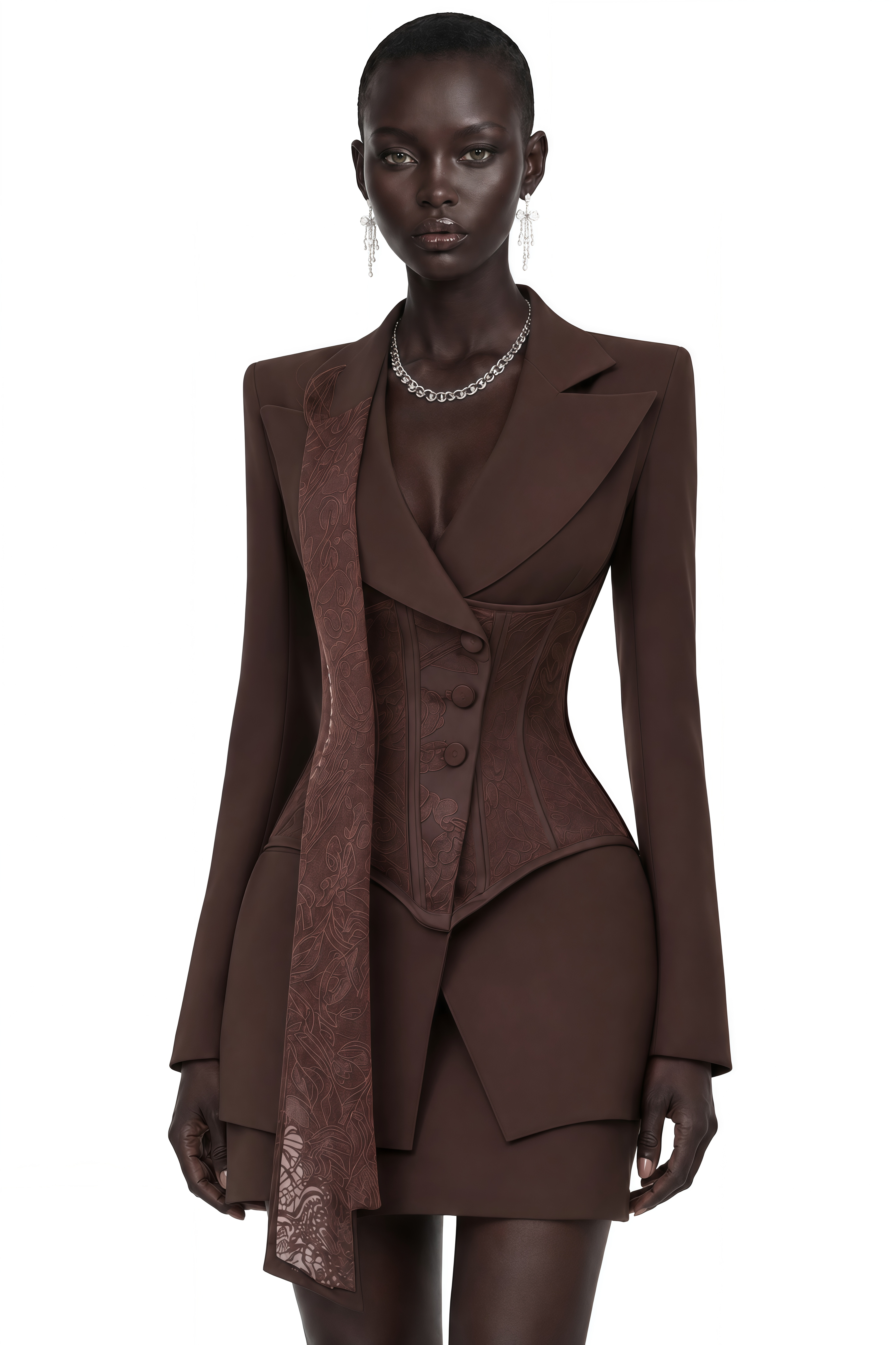 Sienna Brown Blazer & Skirt Set with Lace Panels