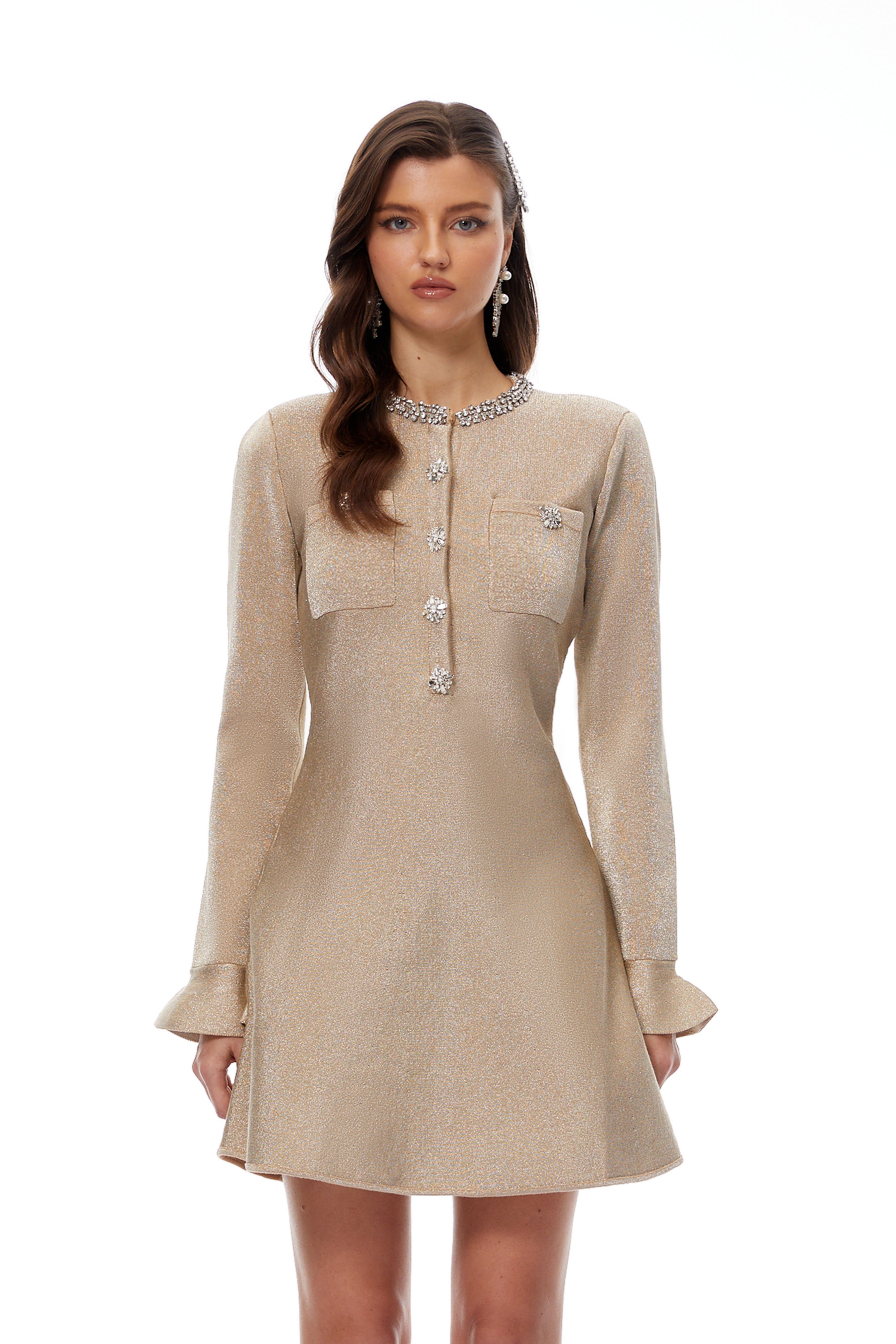Cayetana Khaki Crystal Embellished Knit Mini Dress (Final Sale)