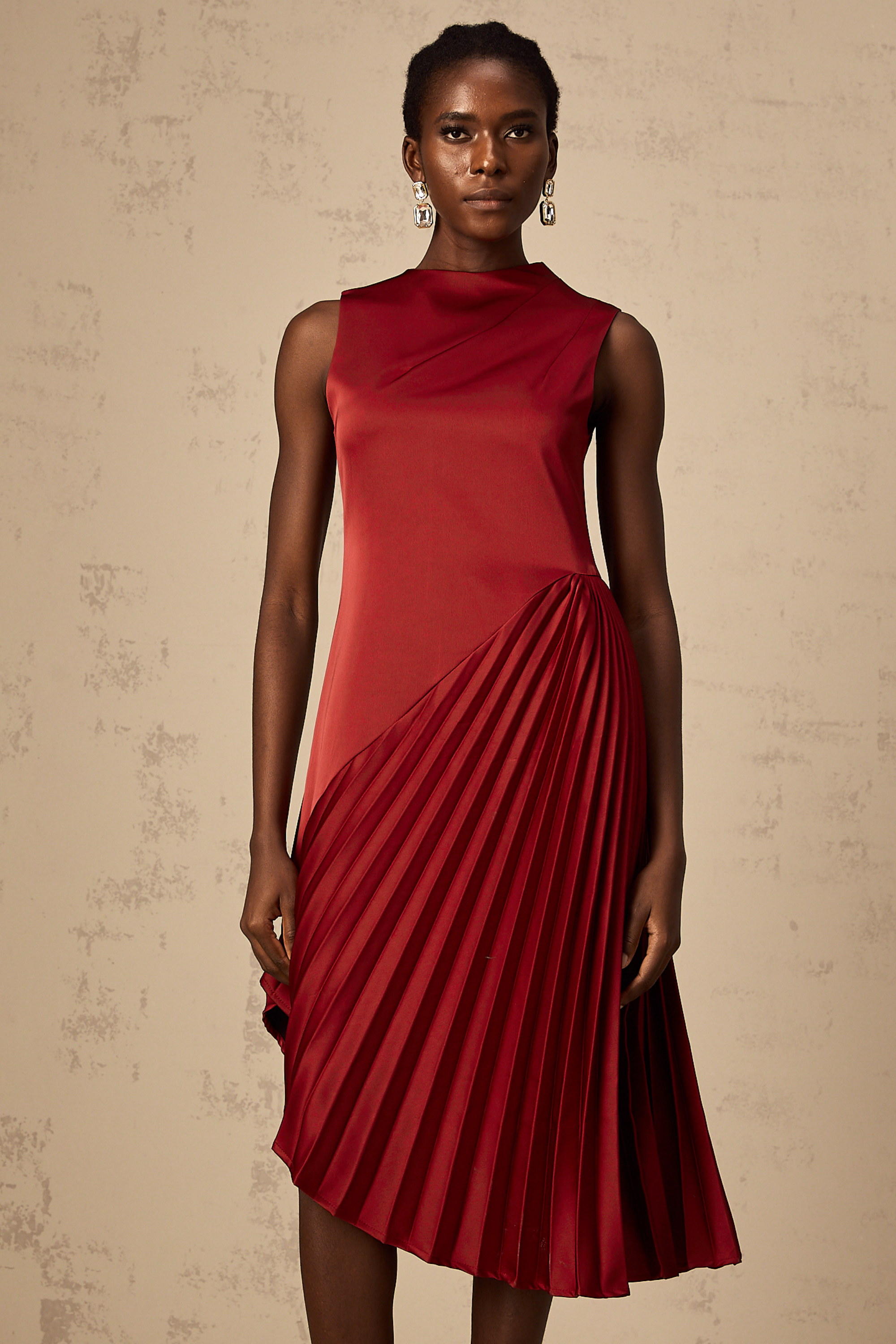 Merle wine red asymmetrical pleated midi dress (Final Sale-US Only)