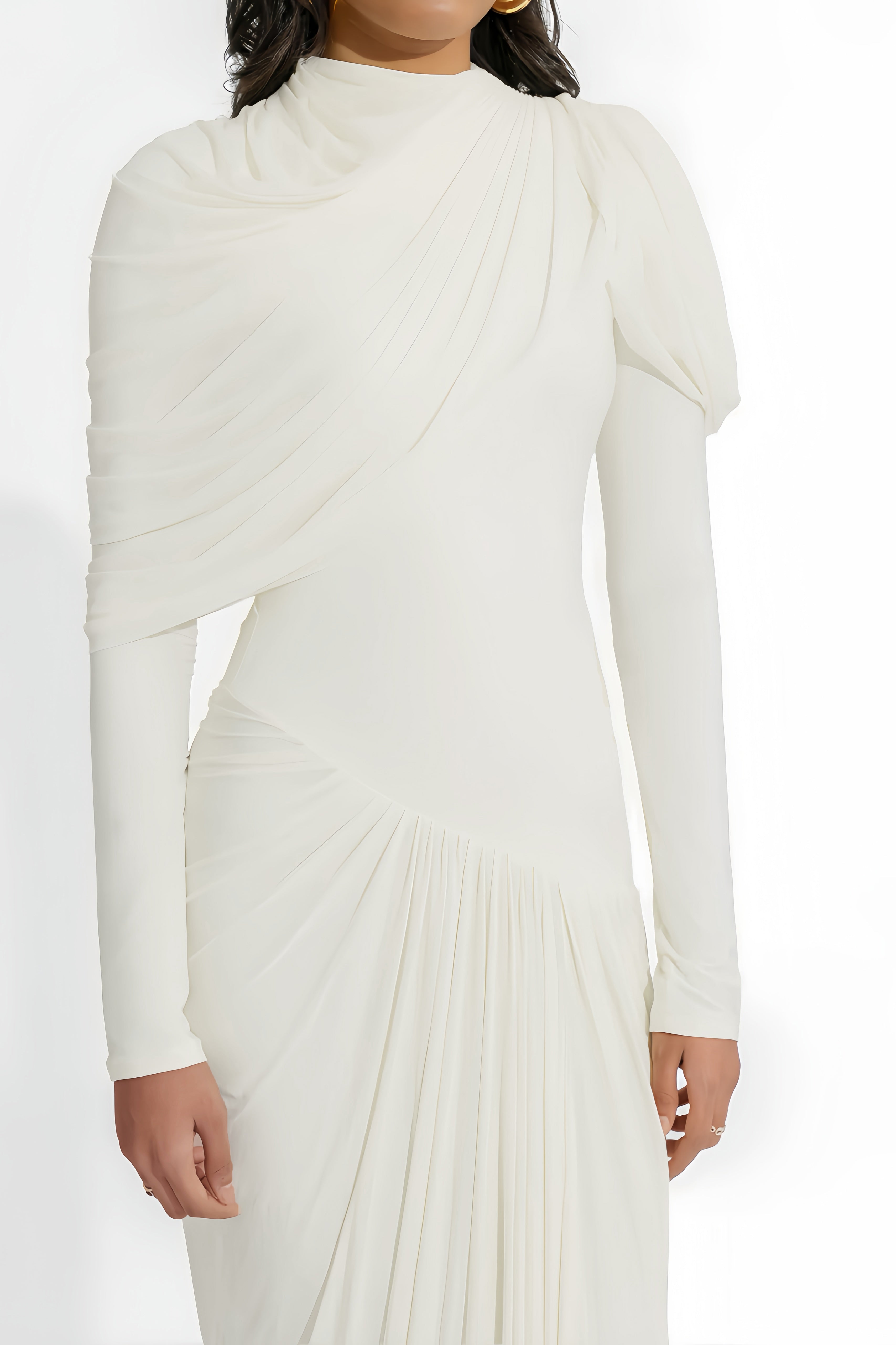 Bronwyn White Draped Pleated Asymmetrical Maxi Dress (Final Sale)