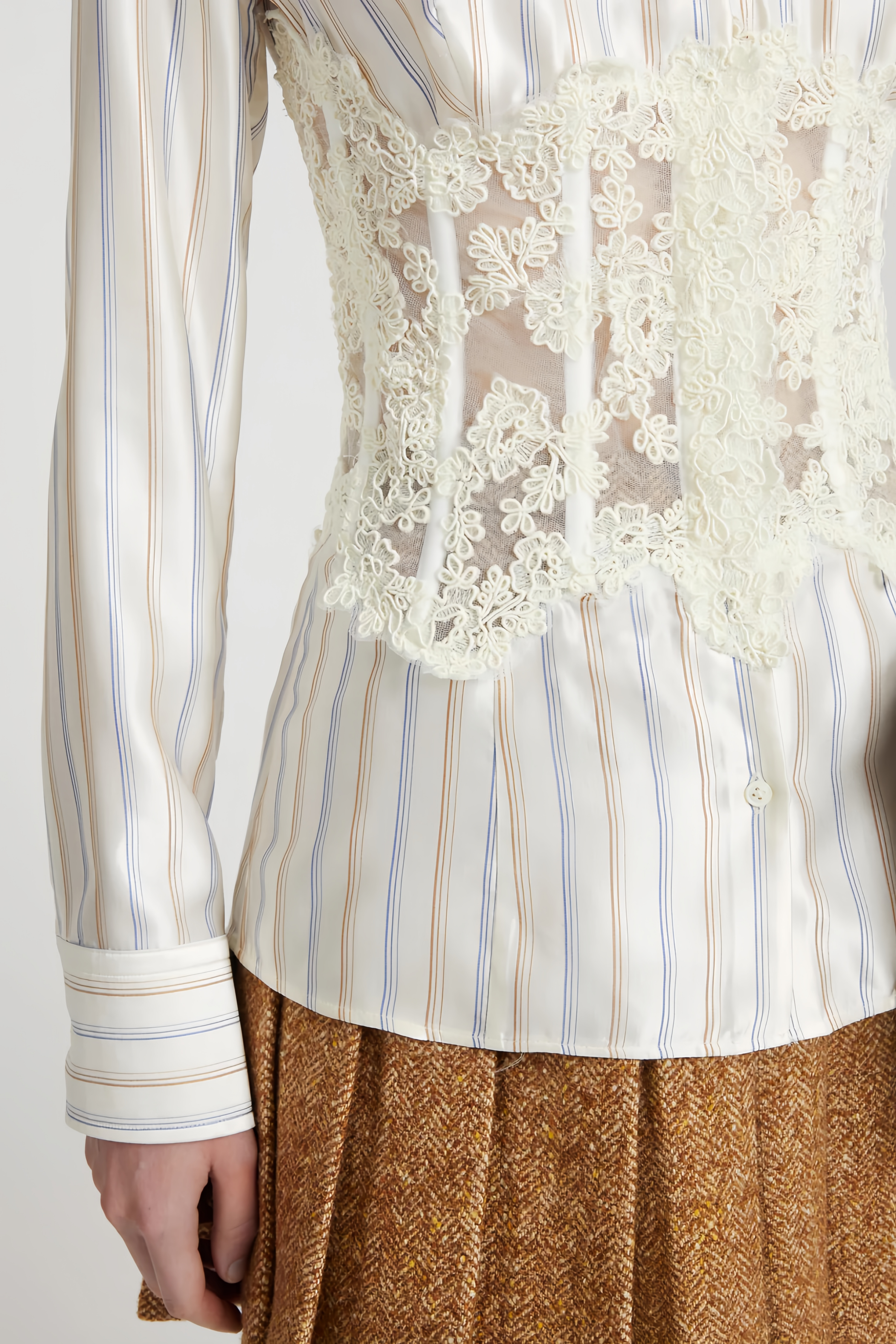 Vertical Striped Button-Up Shirt with Integrated White Lace Corset Waist and Long Sleeves