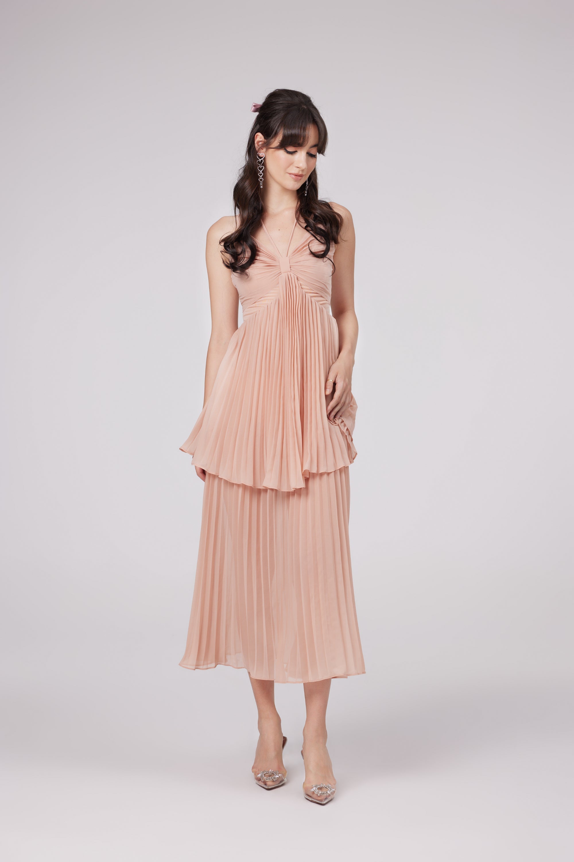 Olympe pink pleated tiered midi dress (Final Sale-US Only)