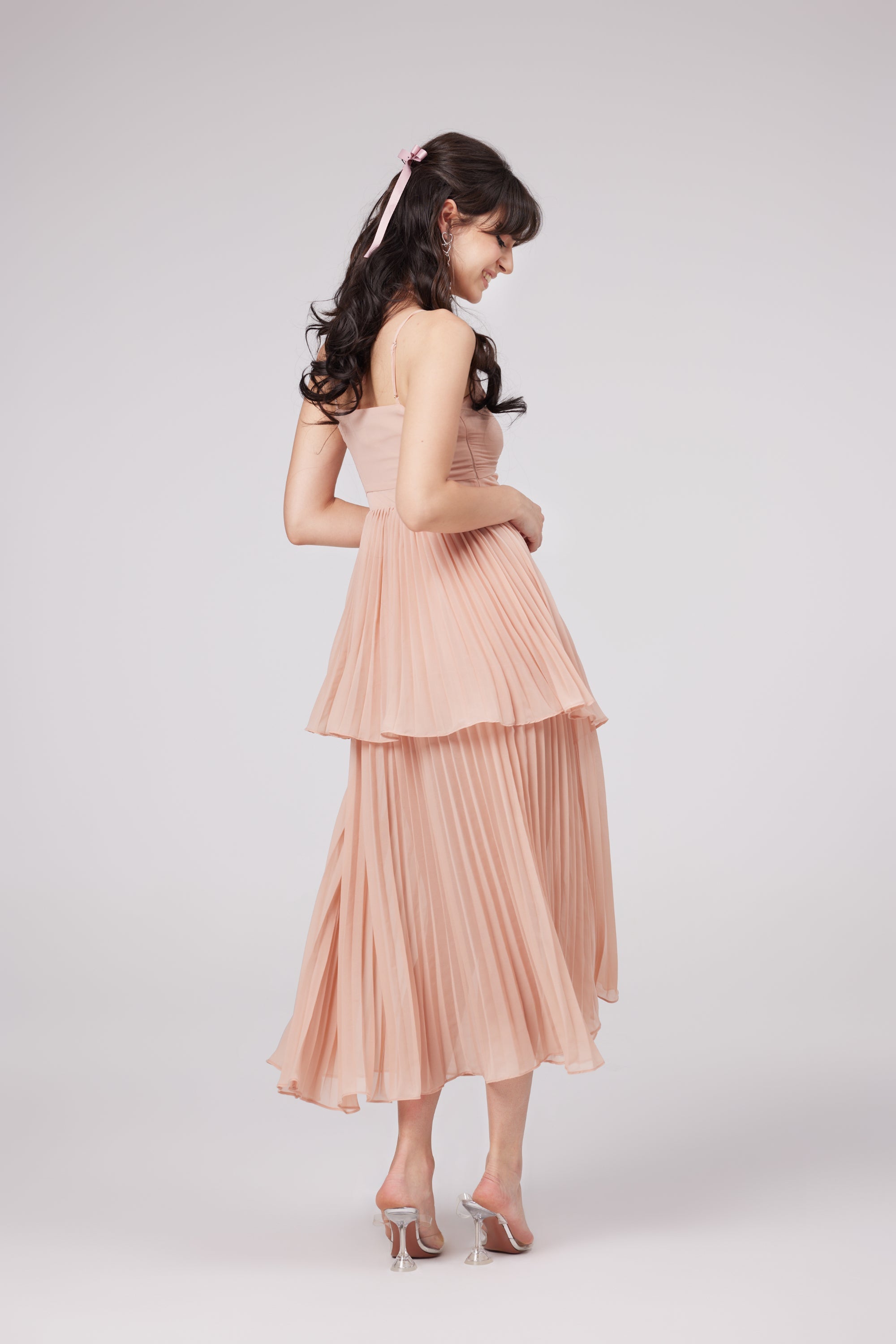 Olympe pink pleated tiered midi dress (Final Sale-US Only)