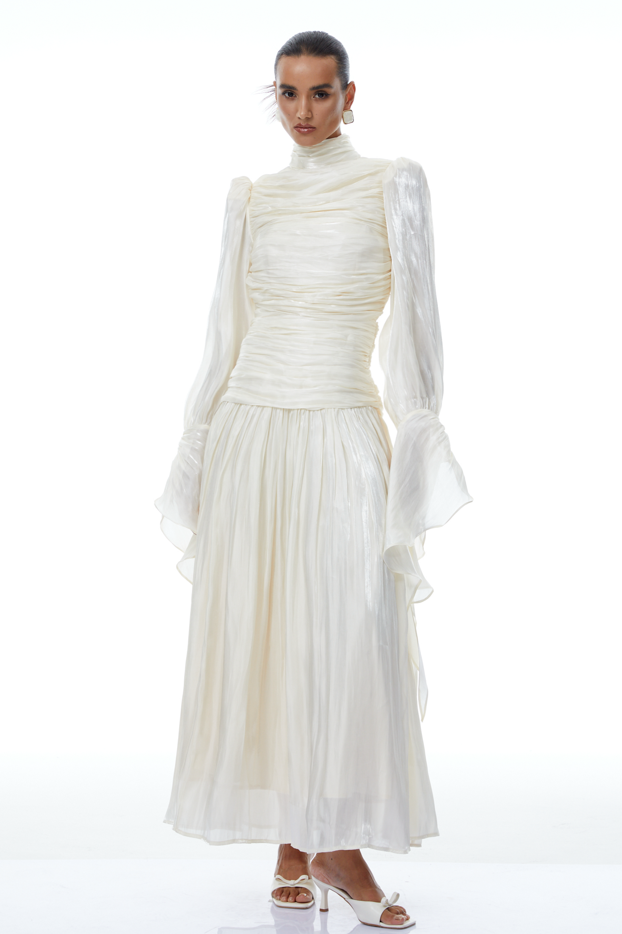 Sarolta Neutral Glossy Ruched Maxi Dress (Final Sale)