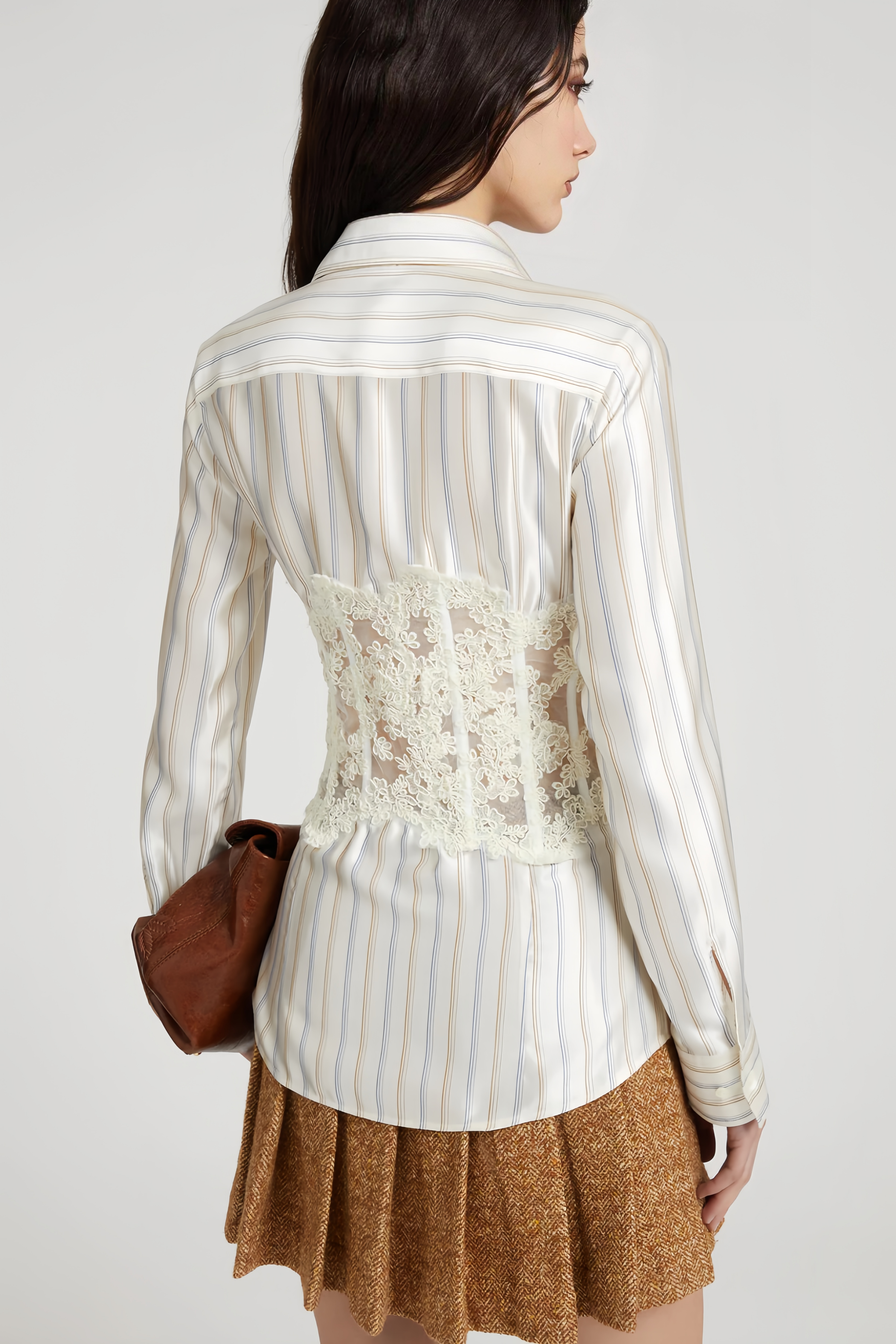 Vertical Striped Button-Up Shirt with Integrated White Lace Corset Waist and Long Sleeves