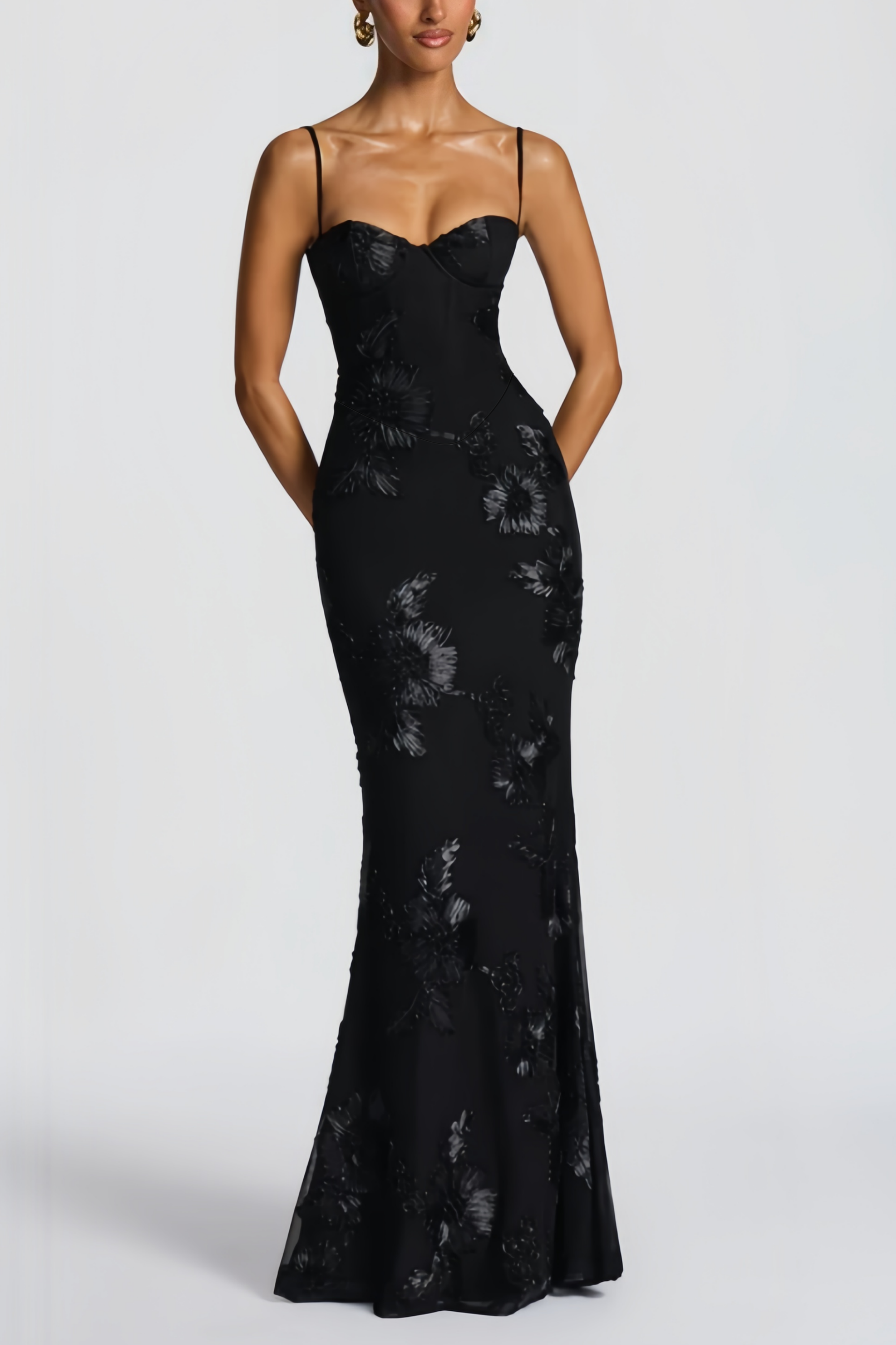Black Floral Ribbon Appliques Dress