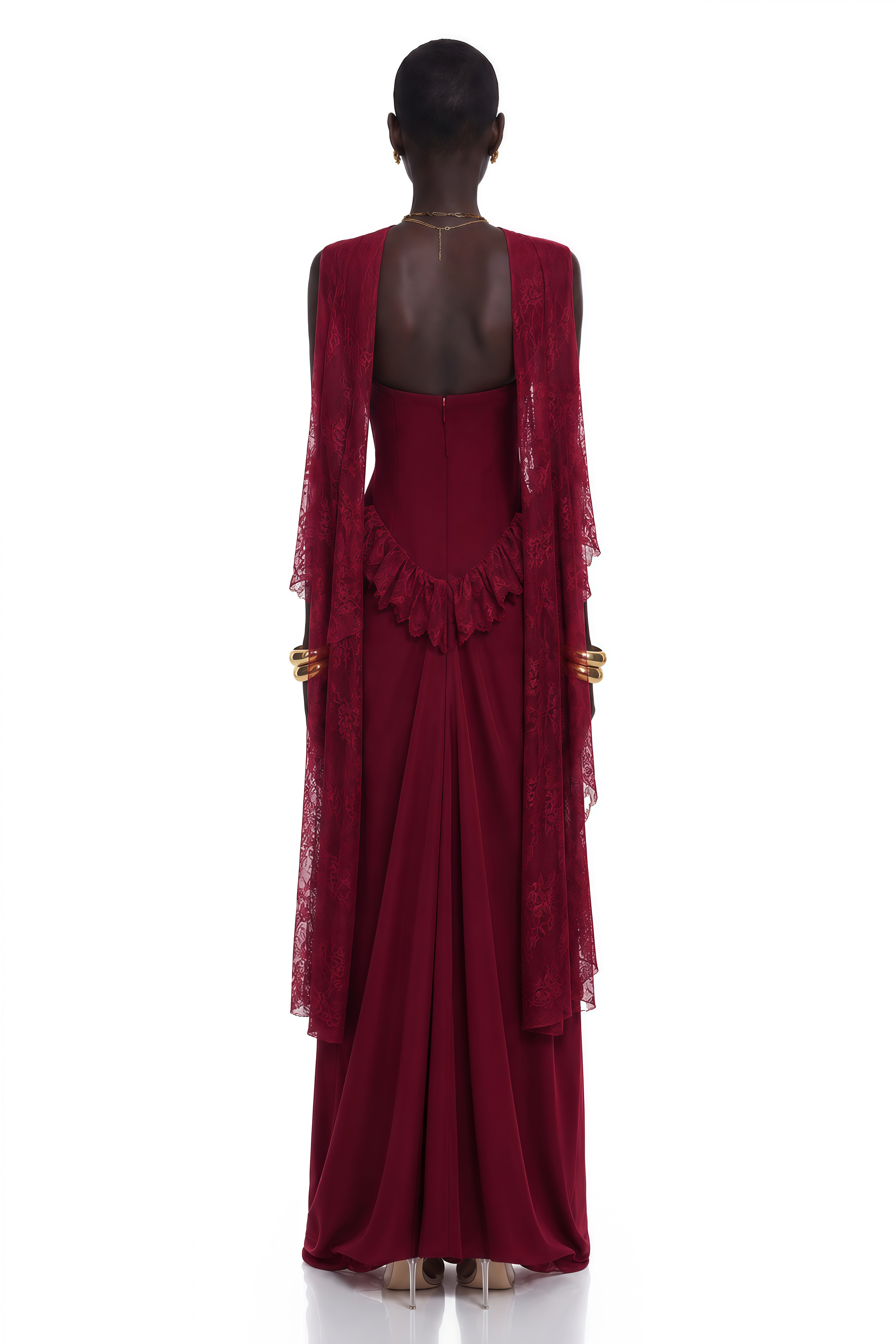 Seraphina Red Floral Lace Maxi Dress with Cape
