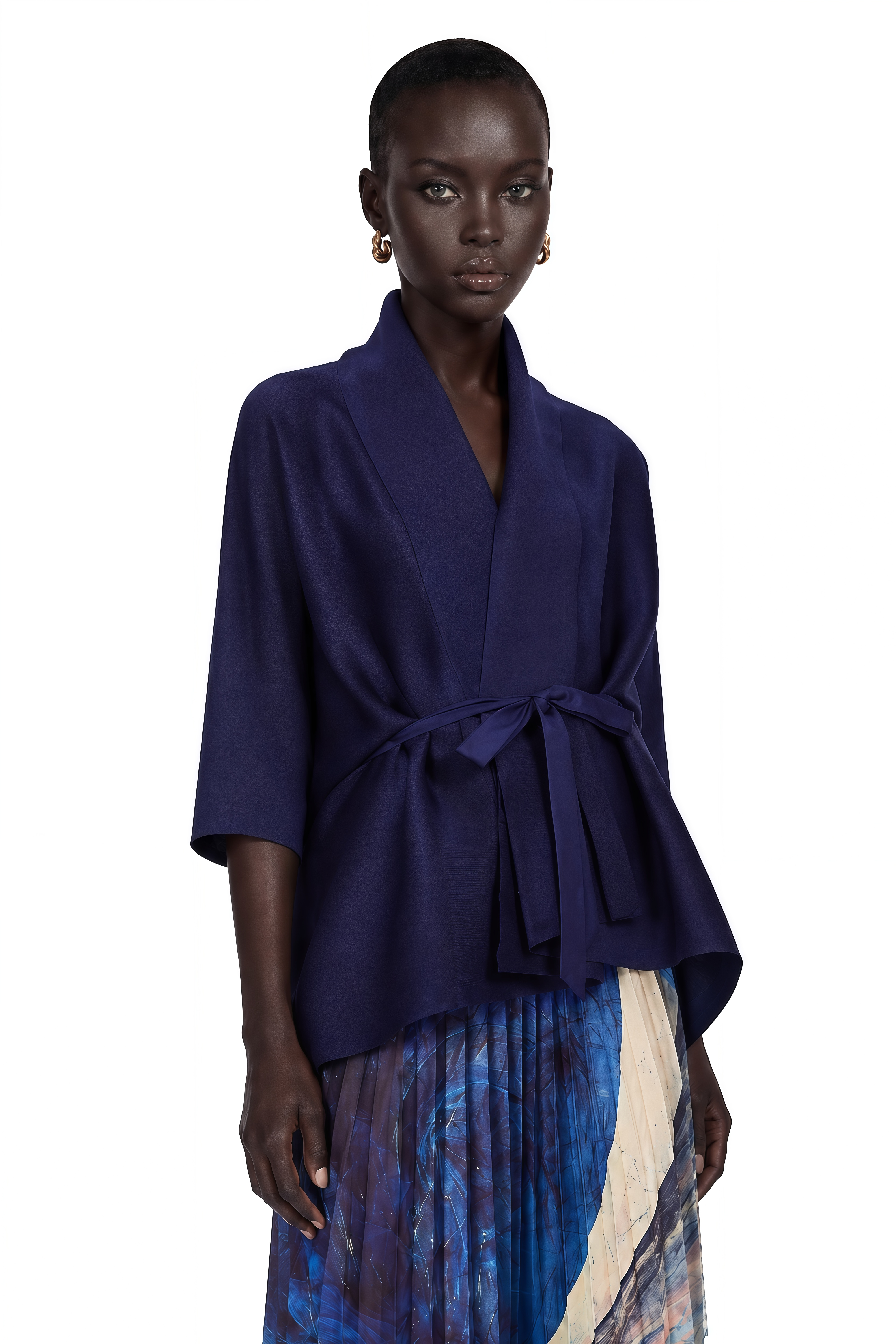 Debbie Blue Pattern-Print Creased Cape & Skirt Matching Set