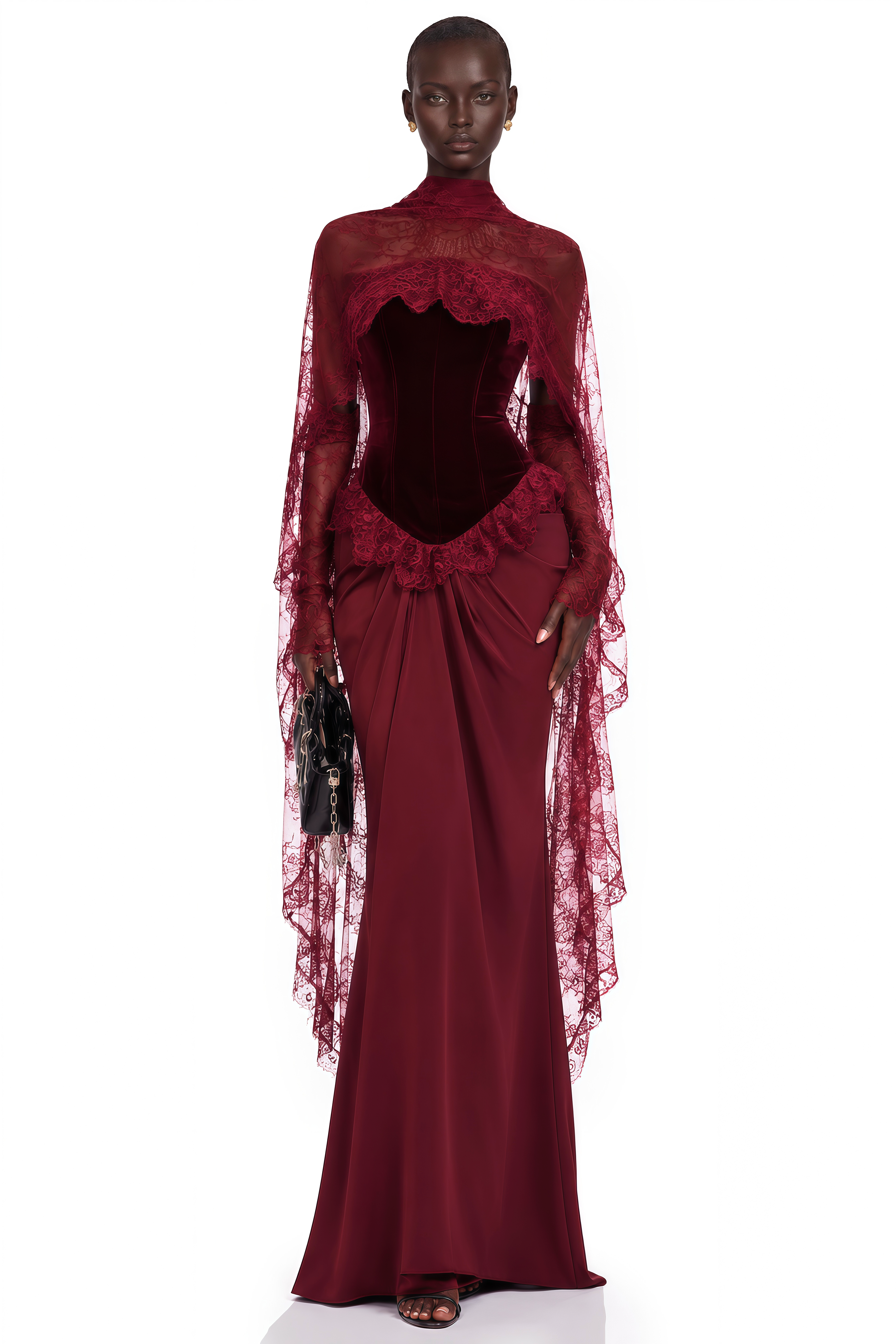 Seraphina Red Floral Lace Maxi Dress with Cape (Final Sale-US Only)